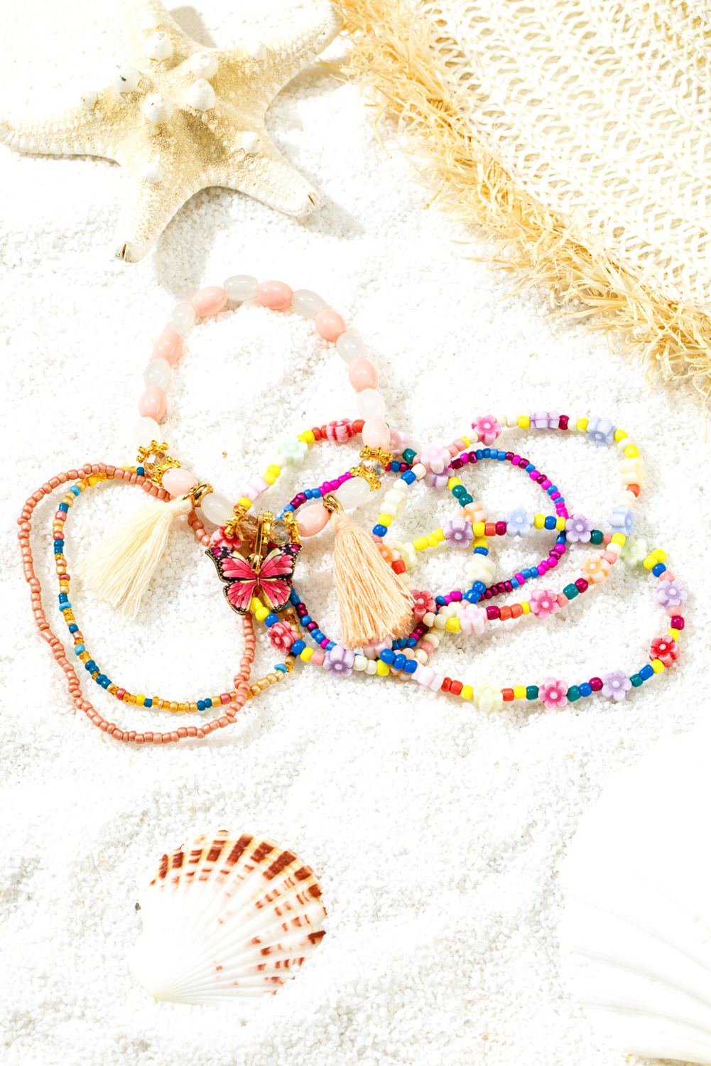 Peach Blossom 7pcs Handmade Beaded Bohemian Style Butterfly Tassel Bracelet Set - loveforevers