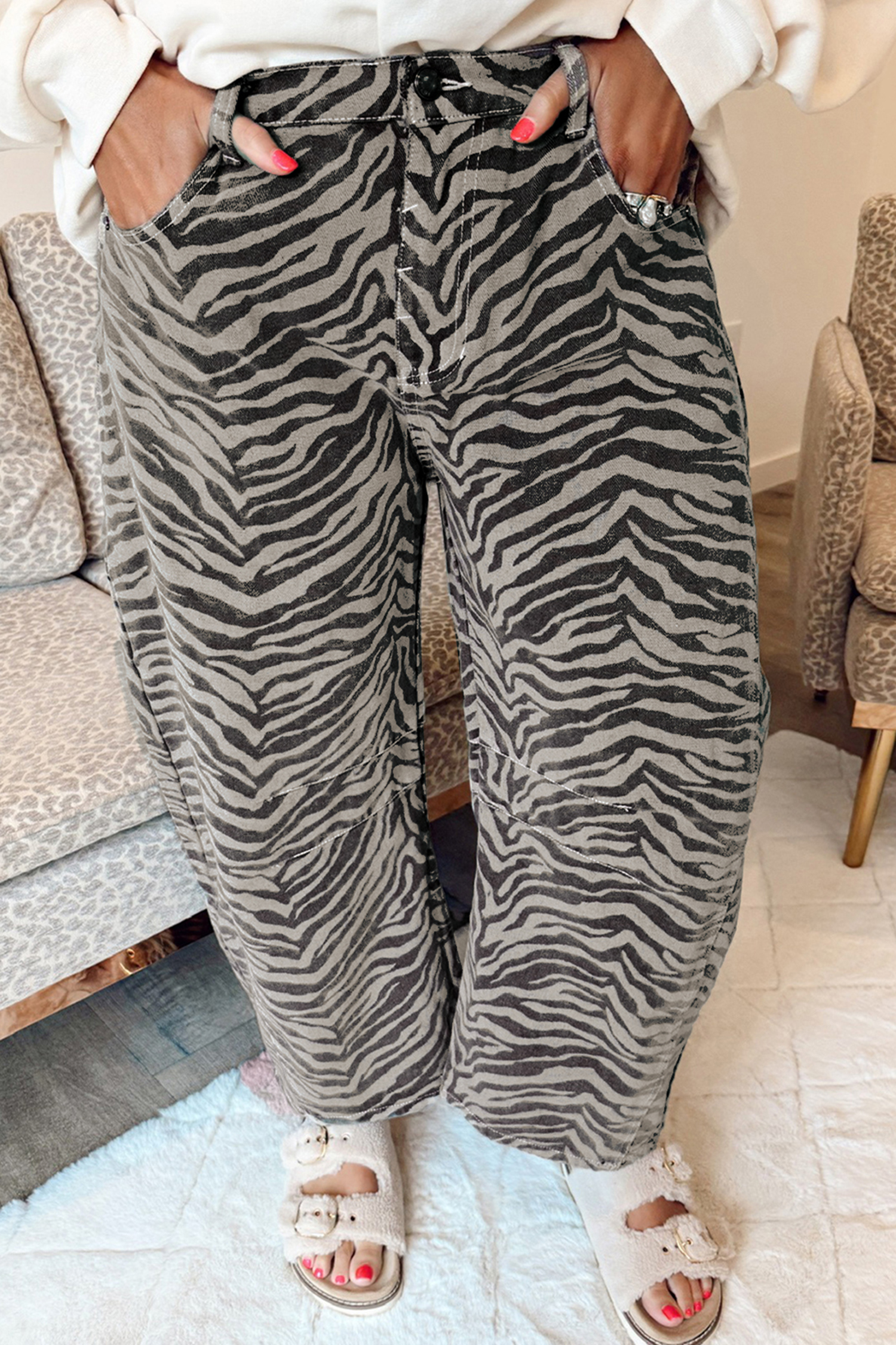 Gray Zebra Stripe Printed Wide Leg Jeans - loveforevers