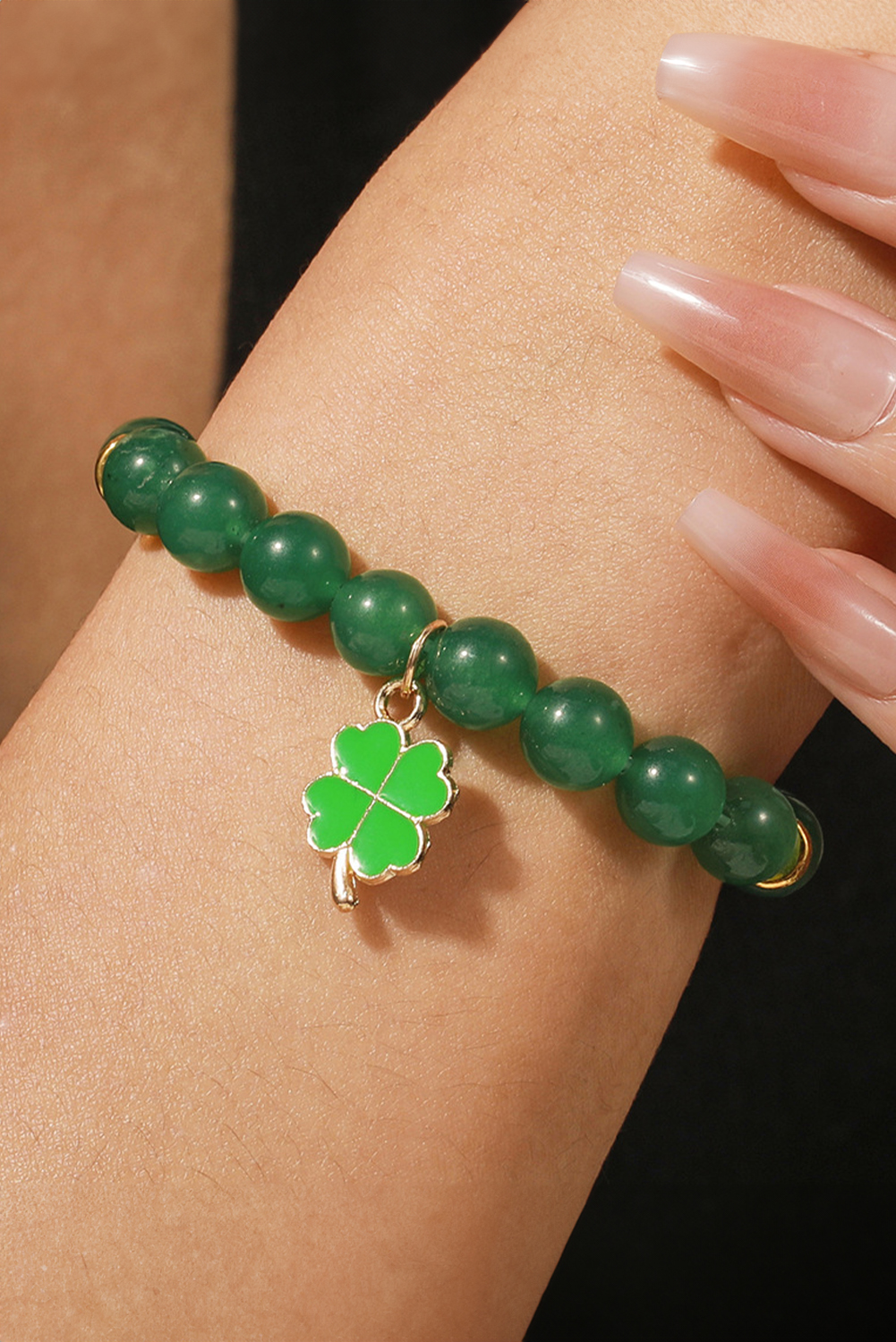 Blackish Green St Patricks Shamrock Beaded Elastic Bracelet - loveforevers