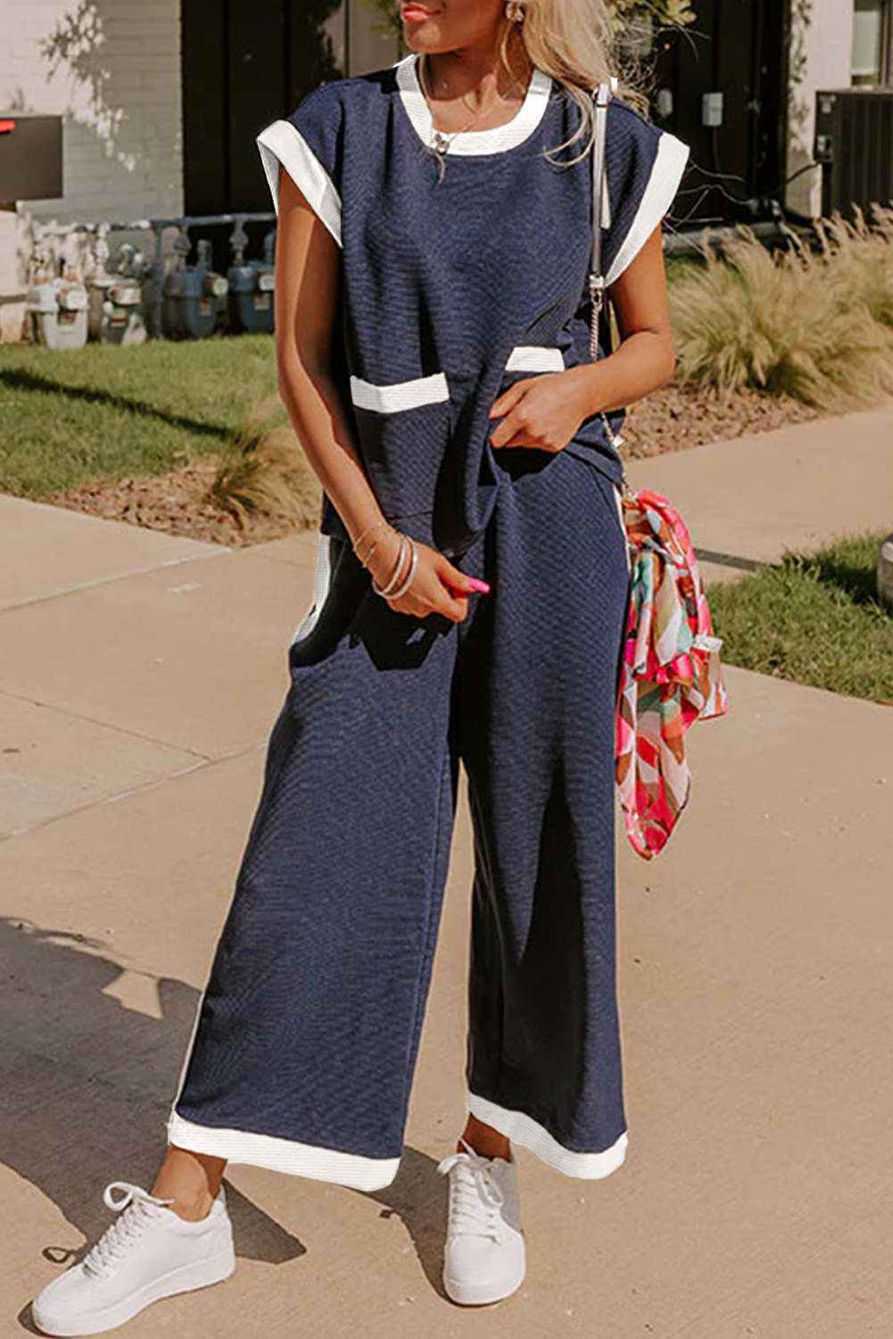 Navy Blue Color Block Pocketed T Shirt and Wide Leg Pants Set - loveforevers