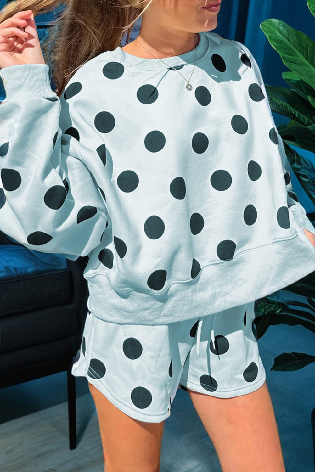 Beige Polka Dot Print Drop Shoulder Pullover Drawstring Jogger Pant Set - loveforevers
