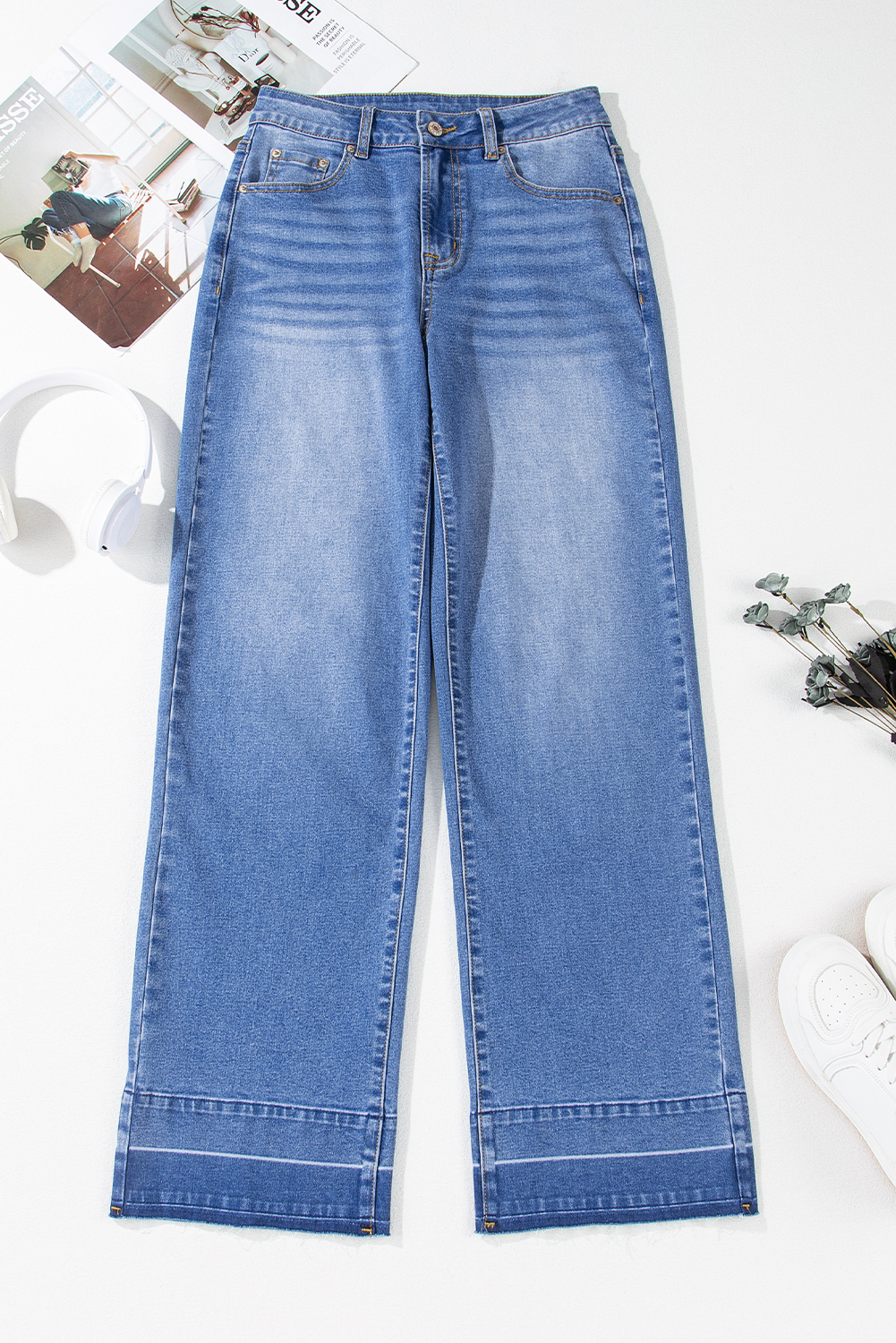 Real Teal Raw Hem Unique Cuffs Straight High Rise Loose Jeans - loveforevers