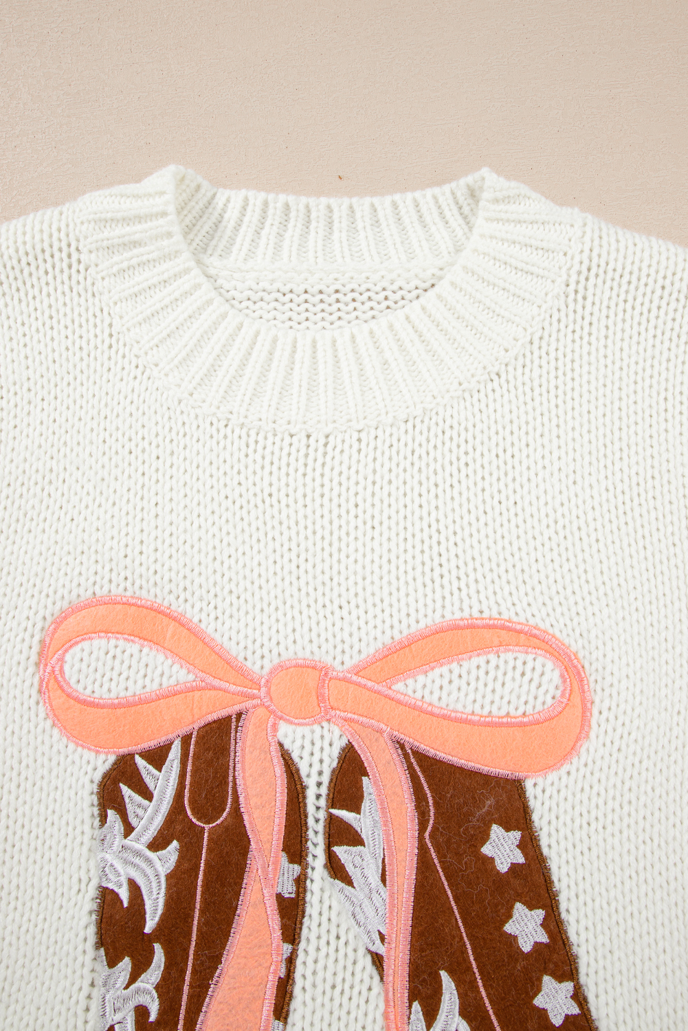 White Embroidered Bow Boots Graphic Drop Shoulder Sweater - loveforevers