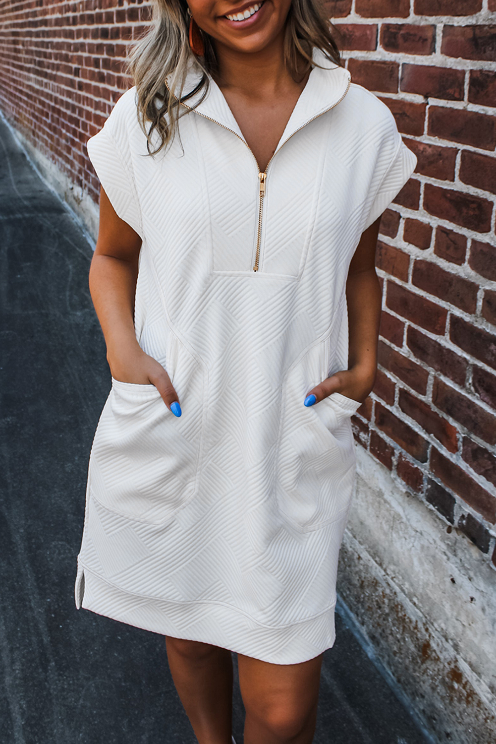 White Textured Half Zip Collared Cap Sleeve Mini Dress - loveforevers