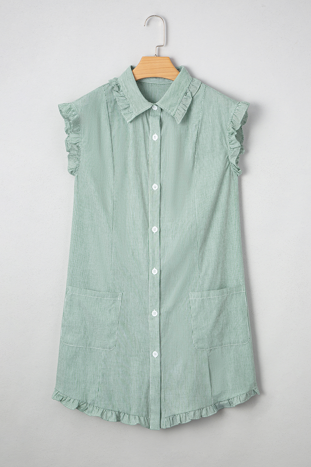 Green Stripe Frilled Sleeveless Collar Front Pocket Button Up Mini Dress - loveforevers