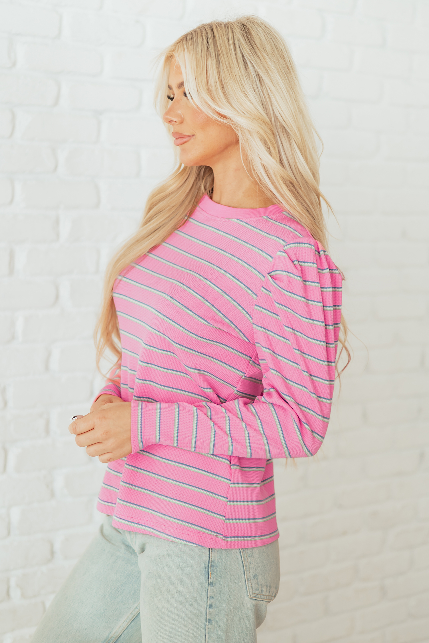 Rose Stripe Textured Knit Round Neck Long Sleeve Top - loveforevers