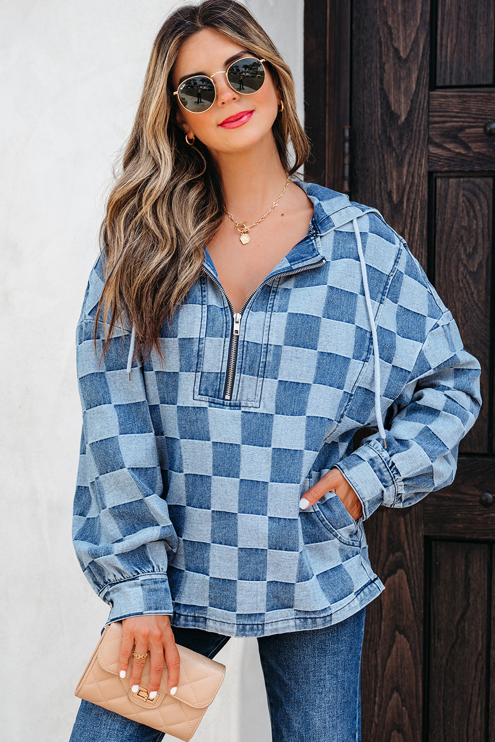 Dark Grey Checkered Denim Wide Leg Jeans - loveforevers