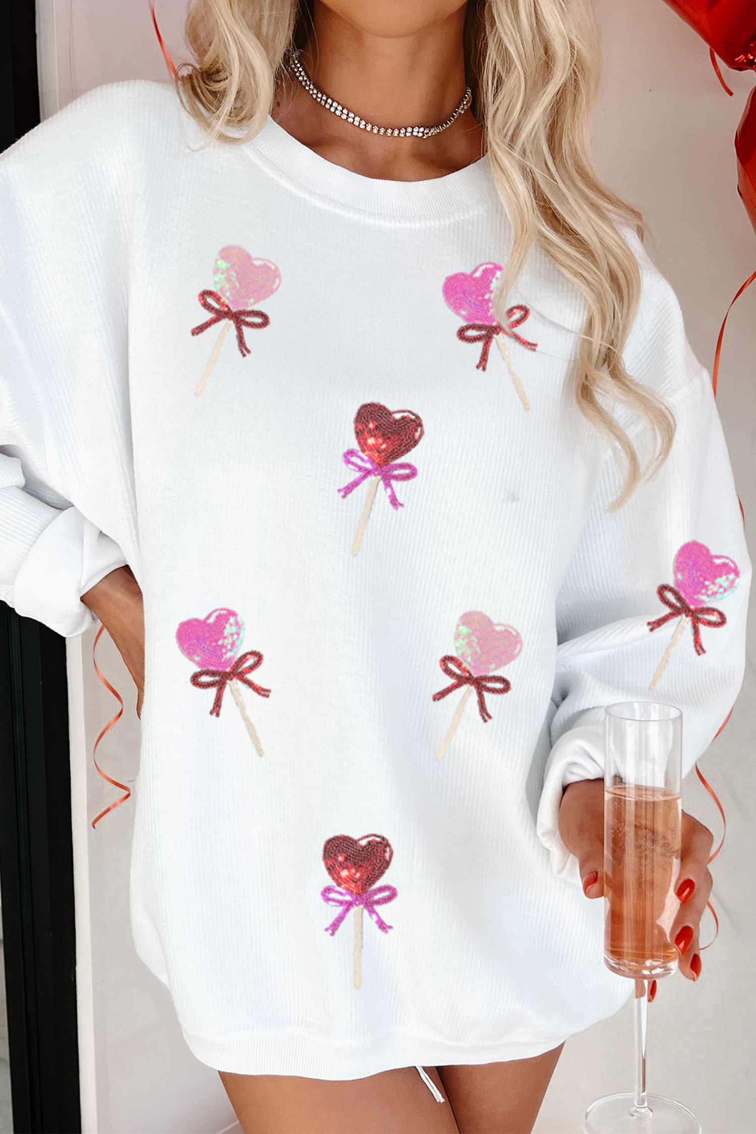 White Heart Lollipop Sequin Pattern Valentine Sweatshirt - loveforevers