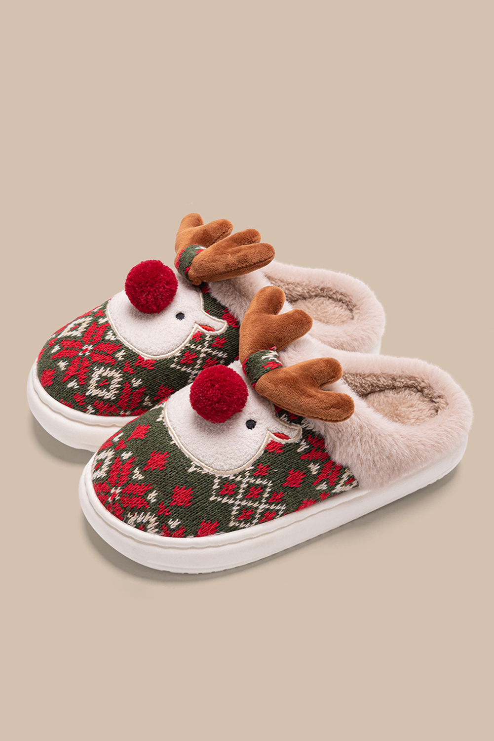 Dark Green Christmas Cartoon Reindeer Plush Home Slippers - loveforevers