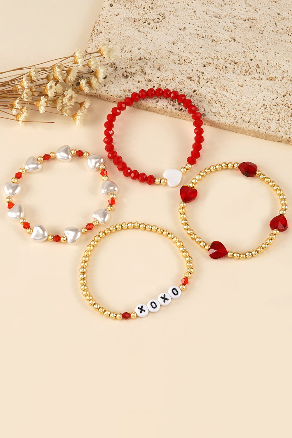 Fiery Red XOXO Heart Beaded 4pcs Layered Bracelet - loveforevers