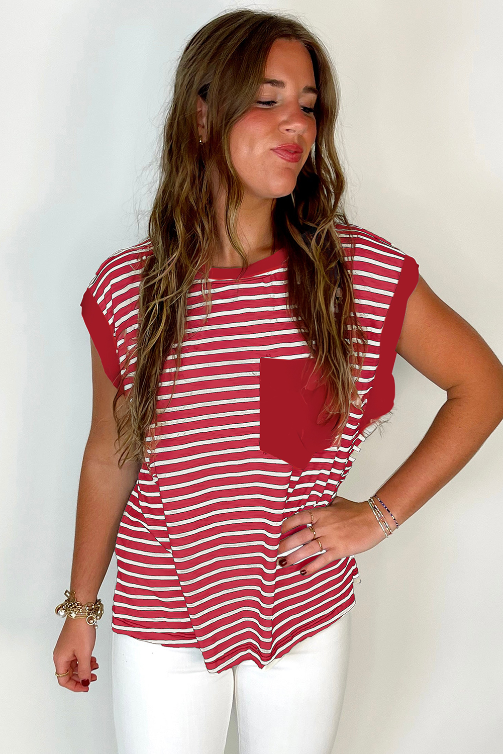 Red Stripe Chest Pocket Patch Round Neck Tank Top - loveforevers
