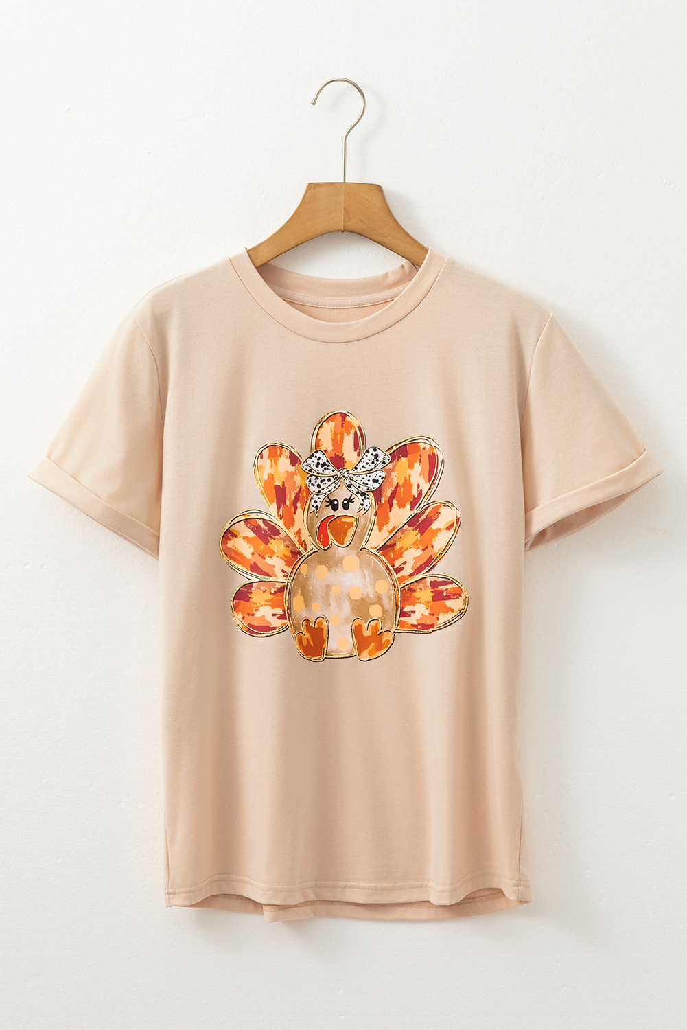 Khaki Thanksgiving Bowknot Turkey Graphic Crewneck Tee - loveforevers