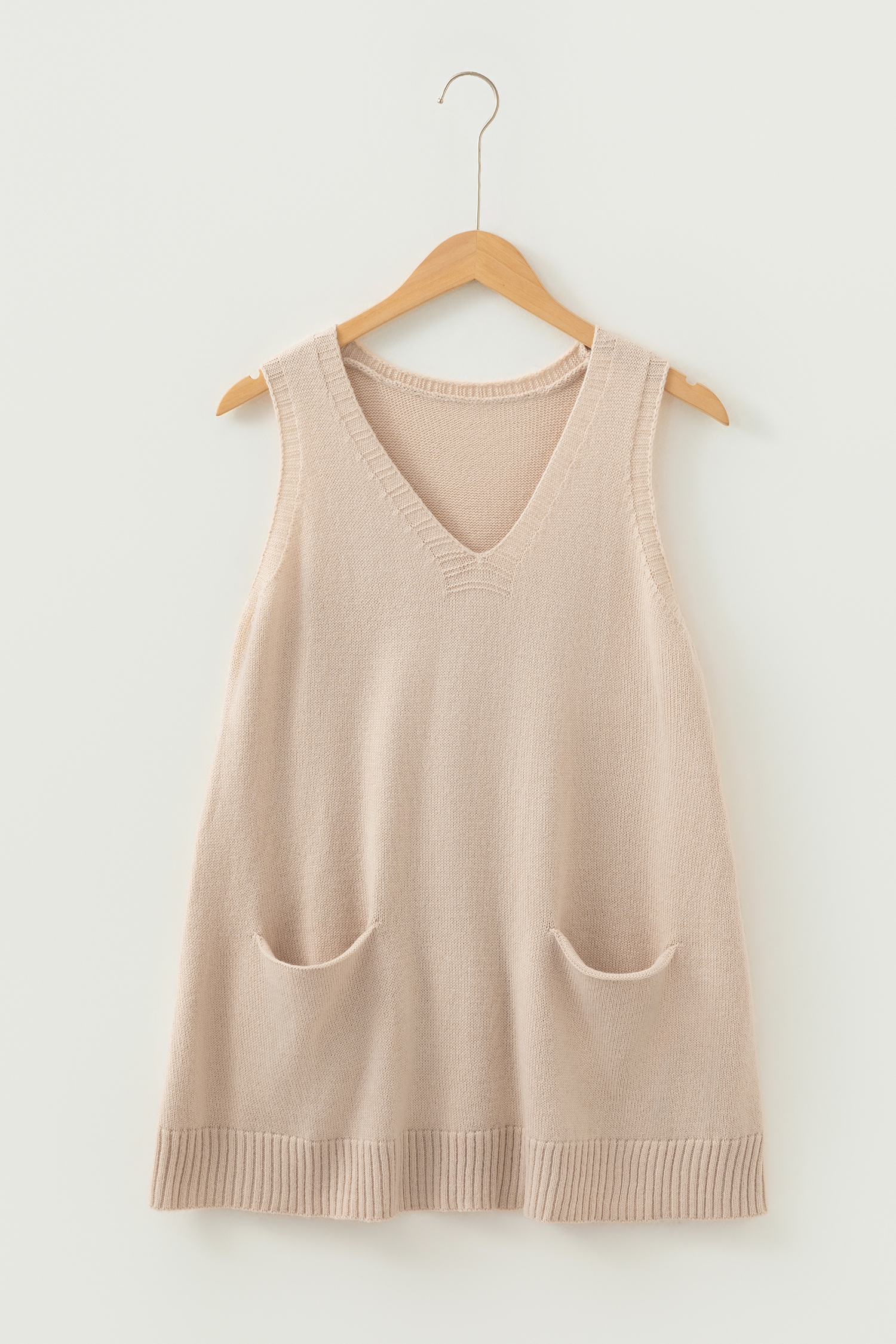 Dark Brown Ribbed Deep V Neckline Front Pocketed Loose Tunic Sweater Vest - loveforevers