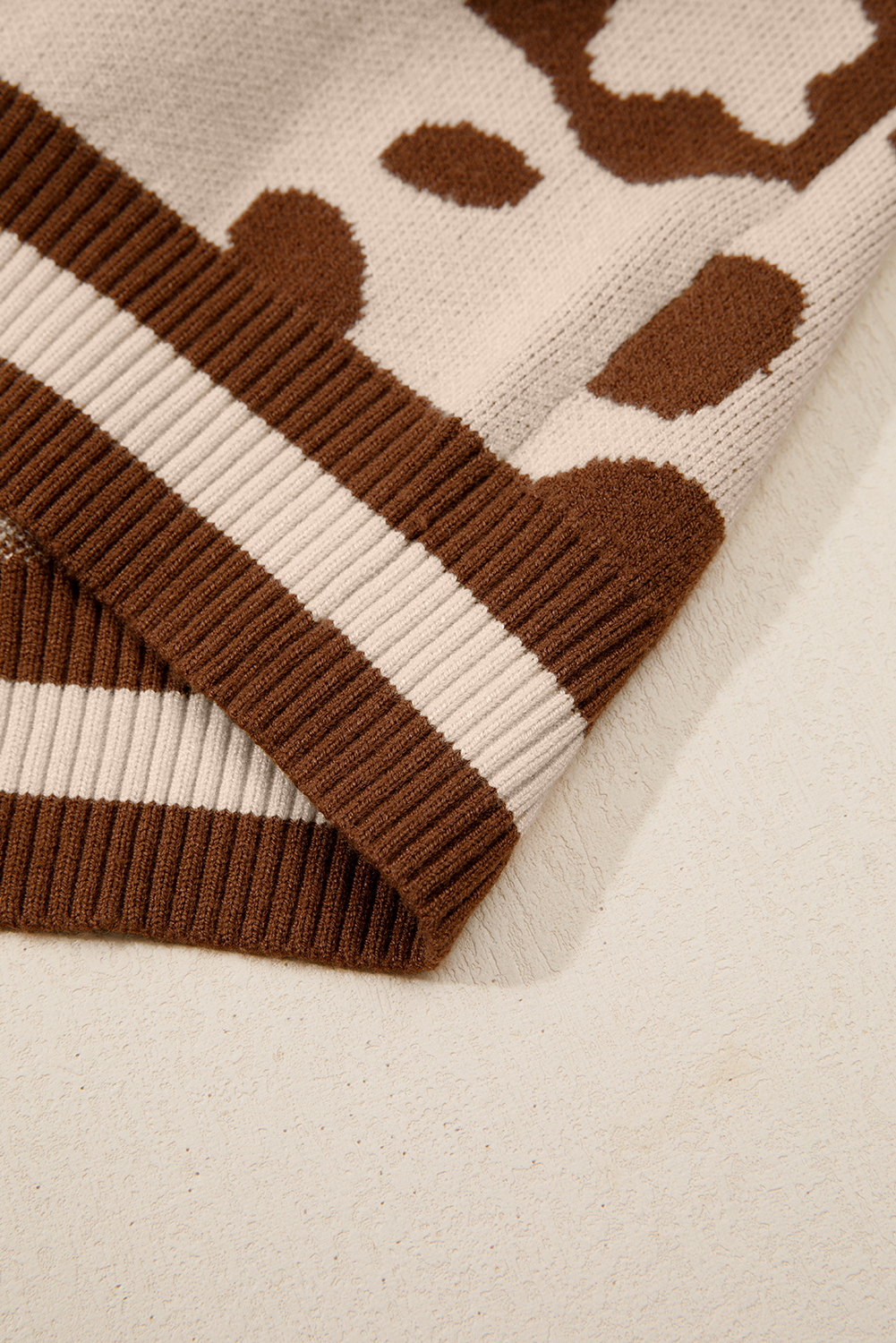Light French Beige Leopard Printed Knit V Neck Casual Sweater - loveforevers
