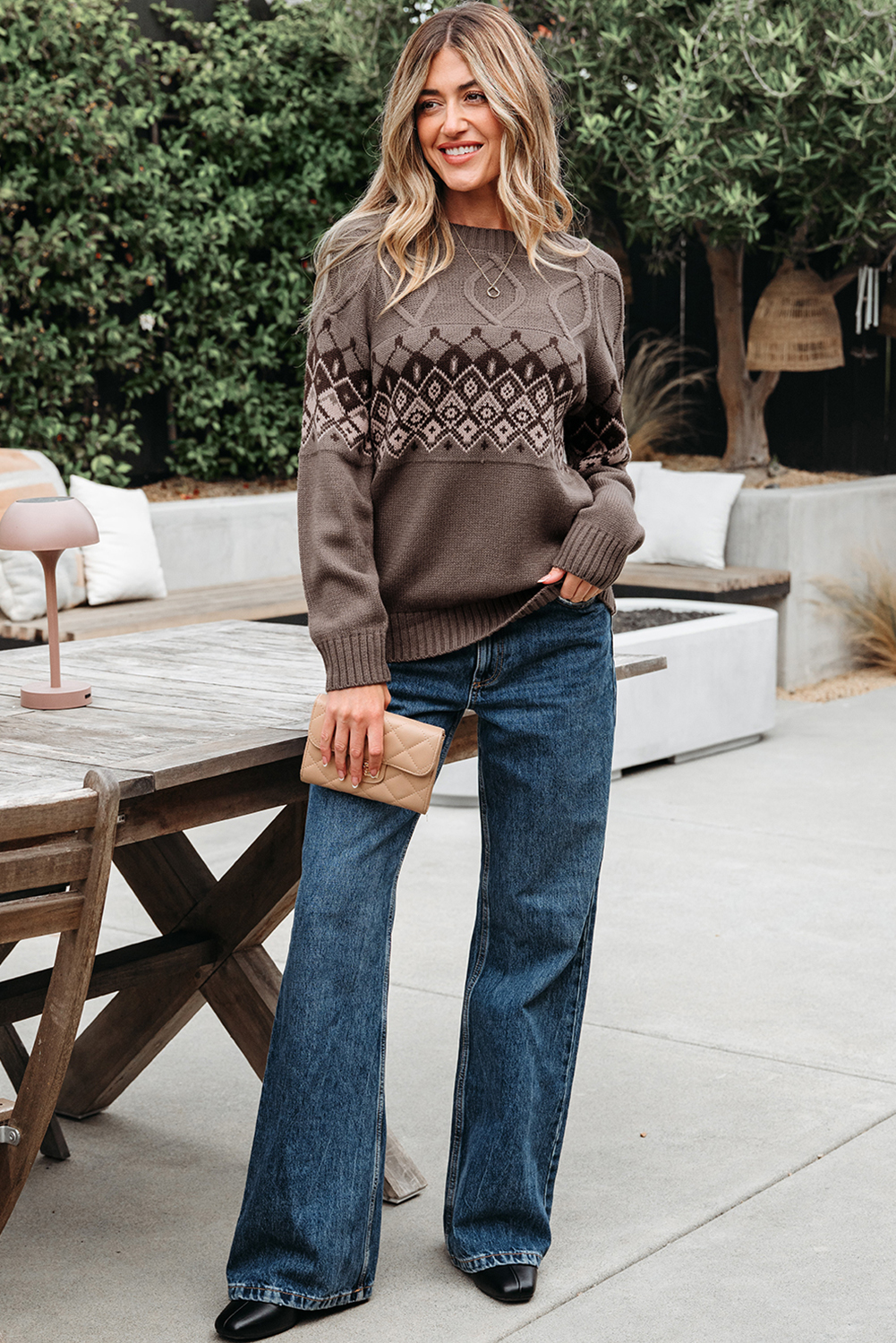 Light French Beige Western Geometric Patterned Crew Neck Knitted Sweater - loveforevers