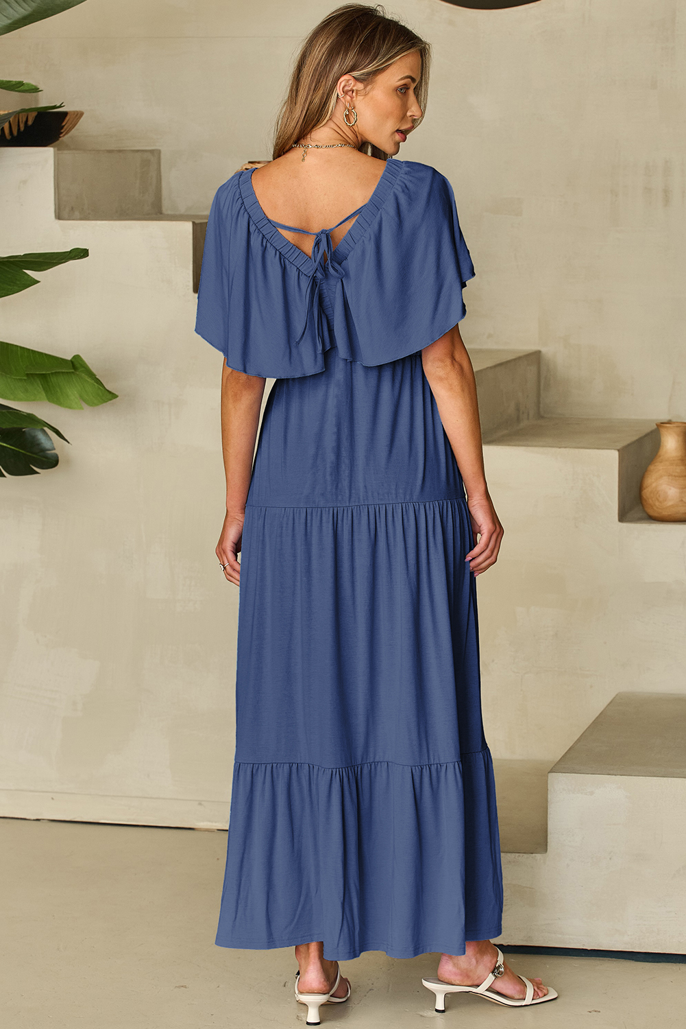 Grass Green Textured V Neck Flutter Sleeve Ruffled Maxi Dress - loveforevers