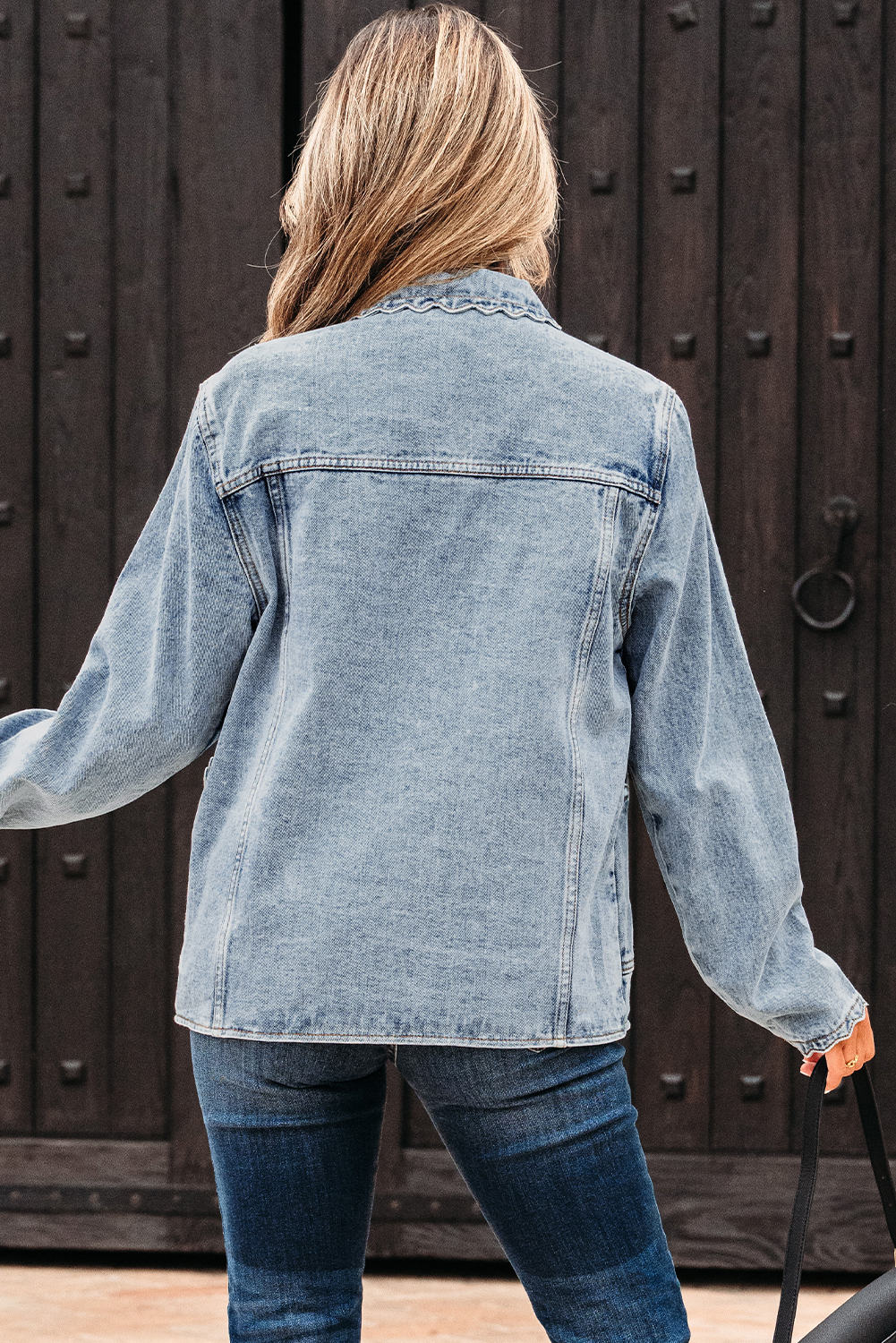 Myosotis Scallop Trim Collar Patched Pocket Button Up Mineral Washed Denim Jacket - loveforevers