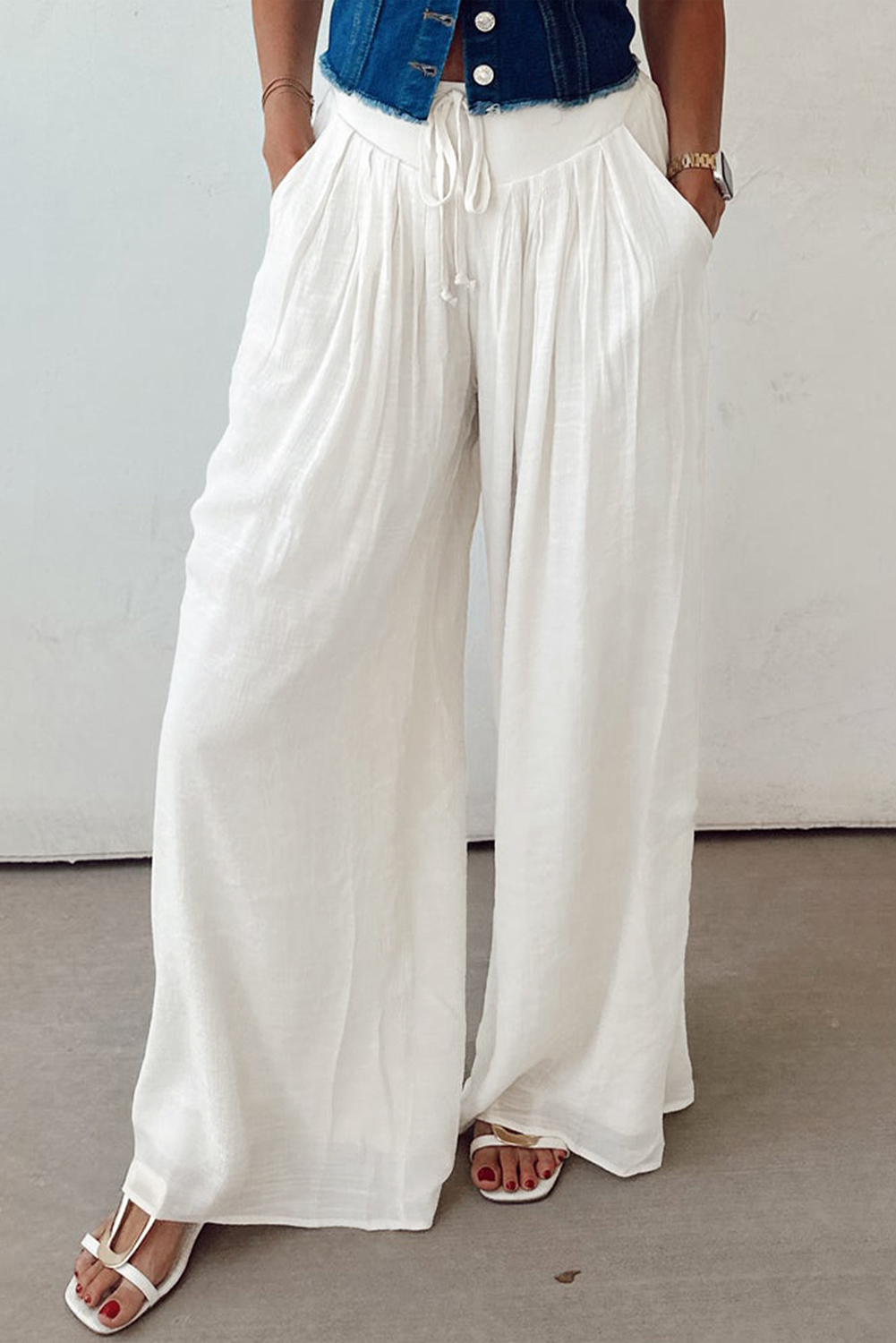 White Solid Drop Waist Pleated Wide Leg Casual Pants - loveforevers