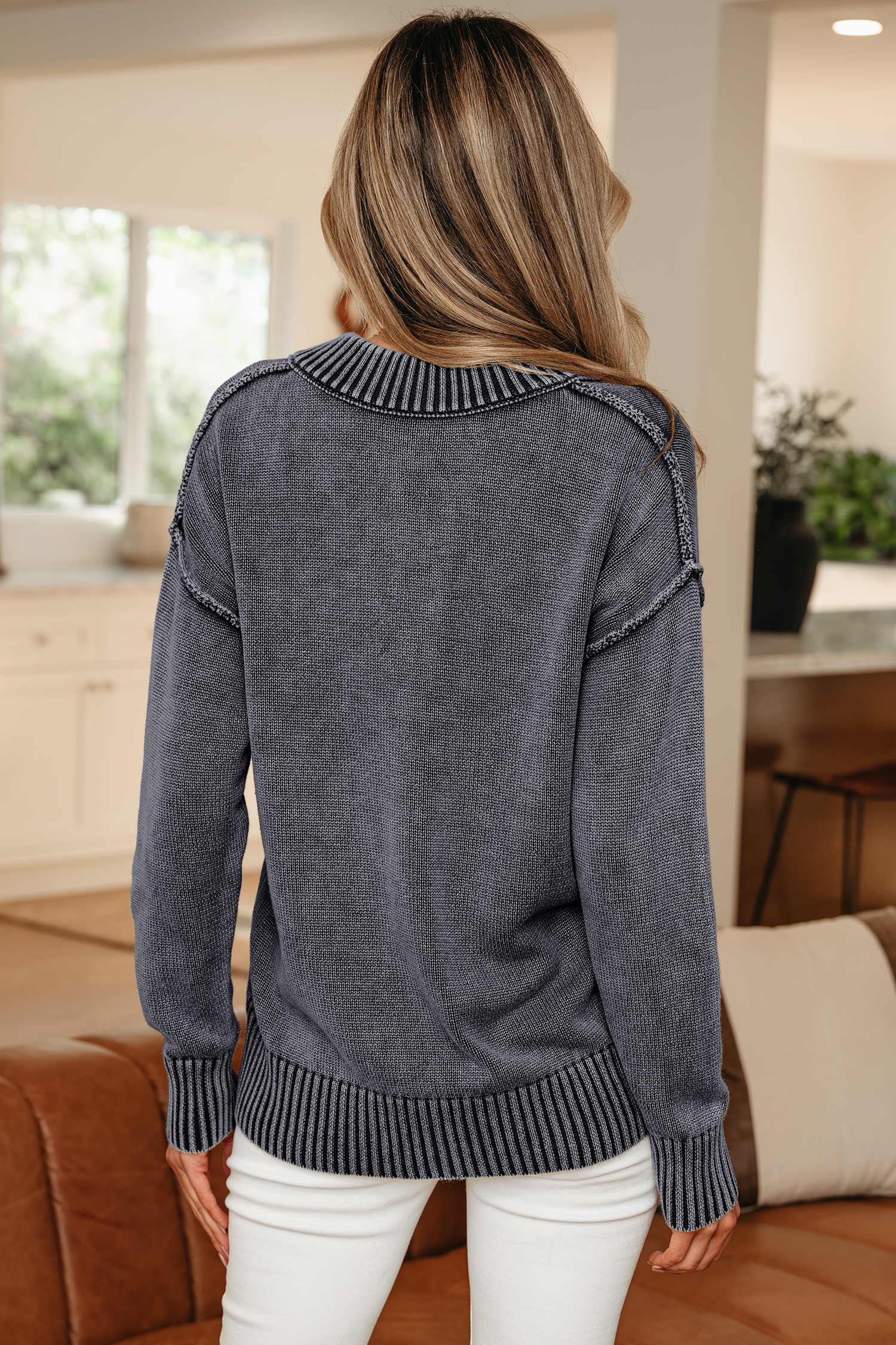 Four Leaf Clover Mineral Wash V Neck Knit Exposed Seam Drop Shoulder Loose Sweater - loveforevers