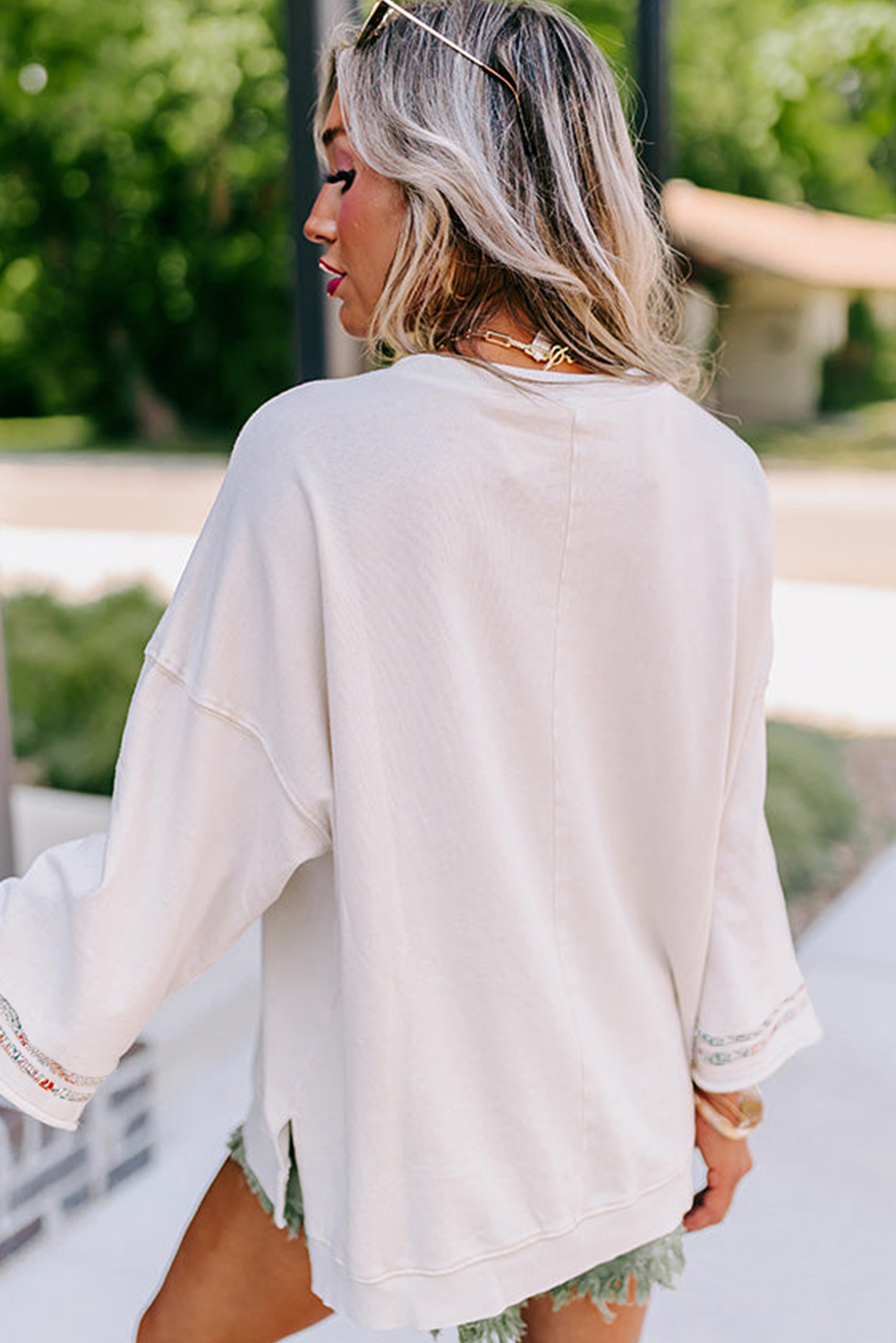 Beige Flower Patch Graphic Exposed Seam Wide Sleeve Top - loveforevers