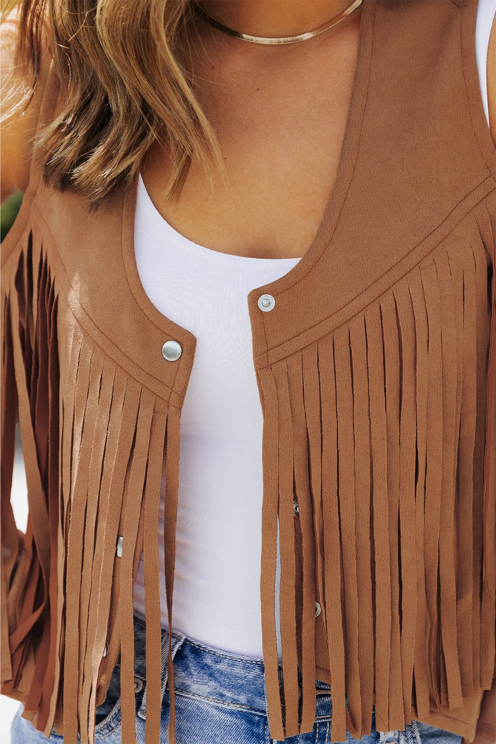 Camel Fringed Snap Button Front Suedette Vest - loveforevers