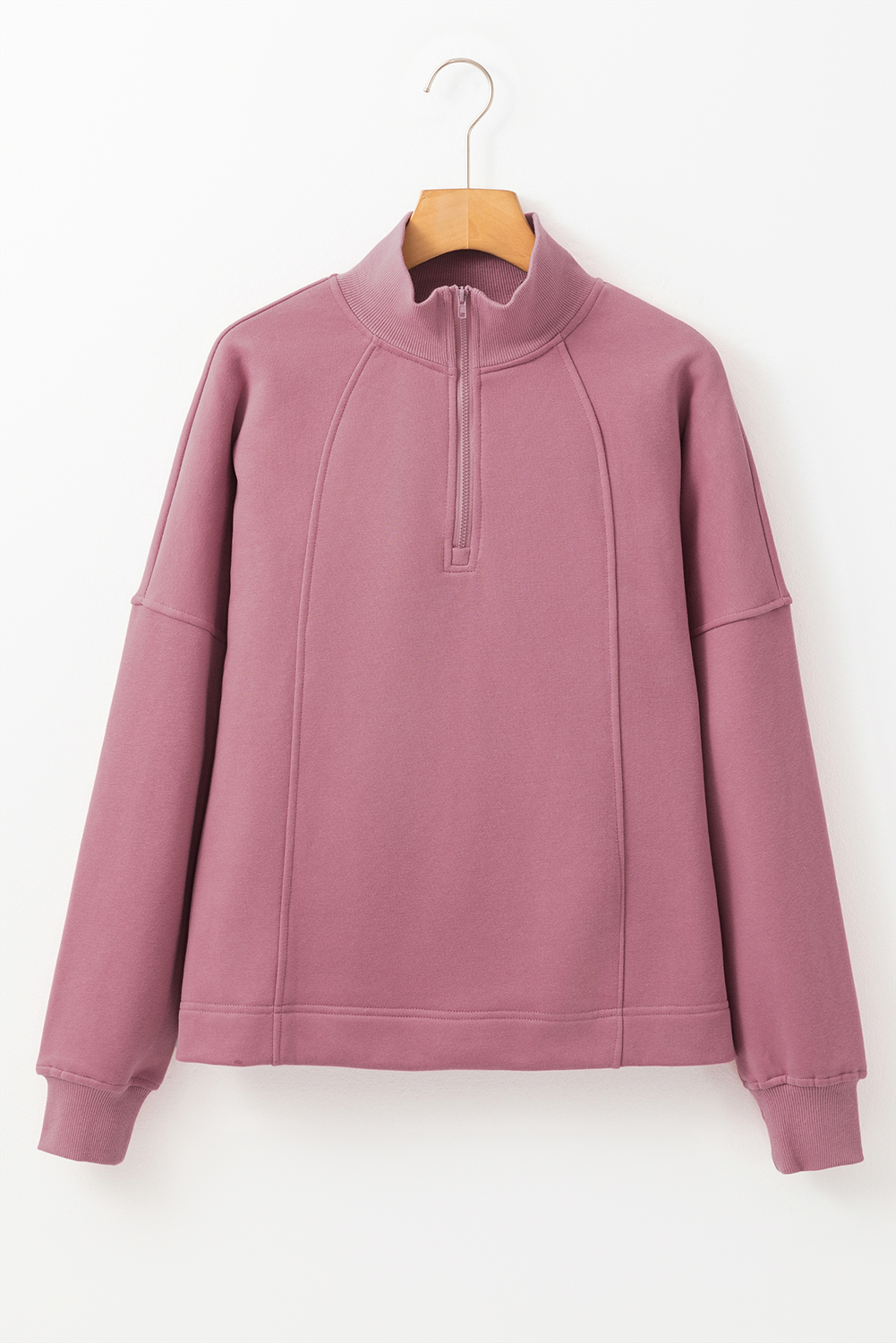 Fushia Zipped Neck Pullover Drop Shoulder Sweatshirt - loveforevers