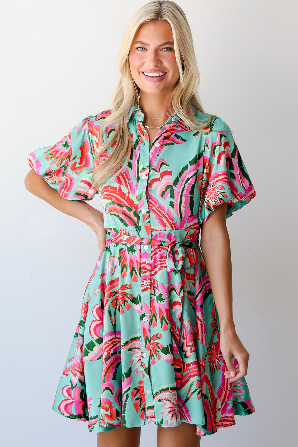 Green Abstract Print Lace-up High Waist Buttoned Mini Dress - loveforevers
