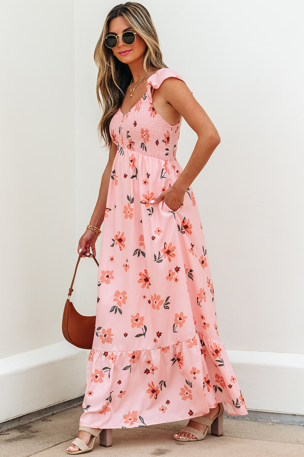 Black V Neck Flutter Sleeve Smocked Bodice High Waist Ruffle Maxi Dress - loveforevers