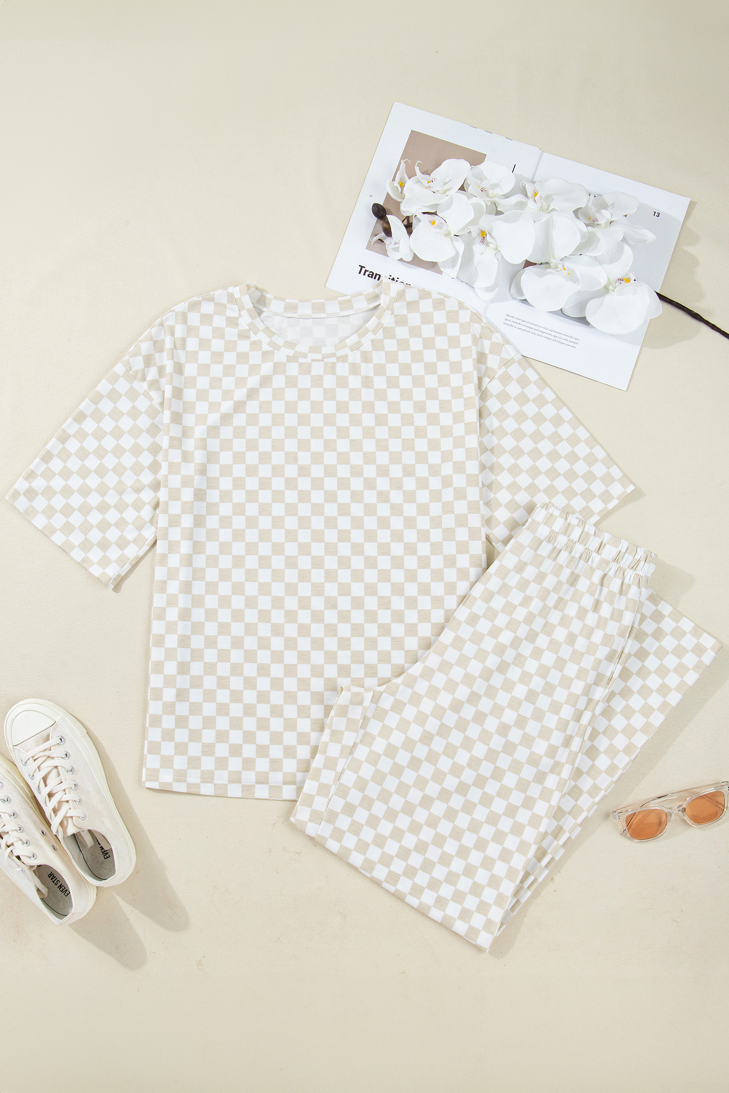 Khaki Checkered Print Half Sleeve Tee 2pcs Lounge Pant Set - loveforevers