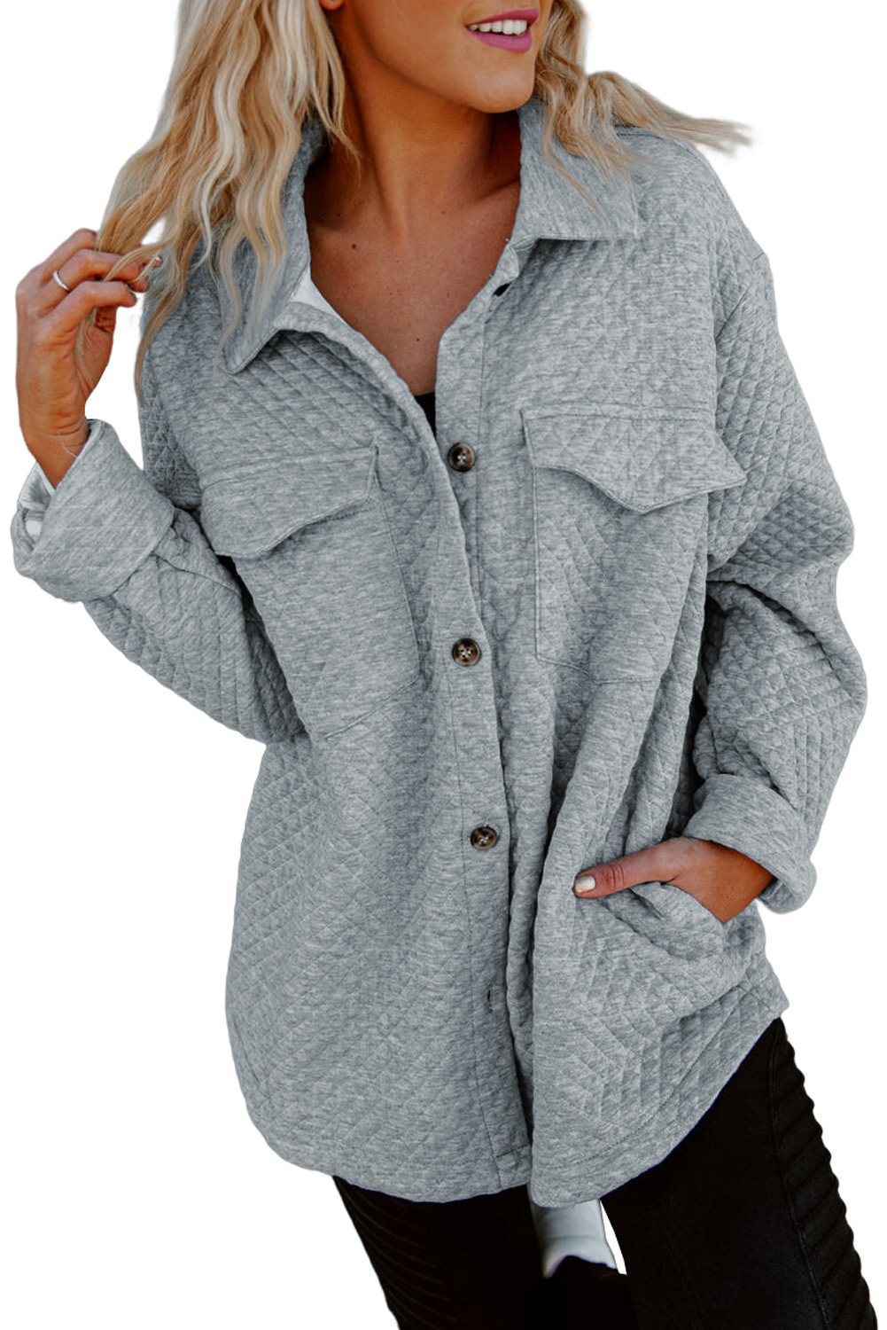 Gray Retro Quilted Flap Pocket Button Shacket - loveforevers