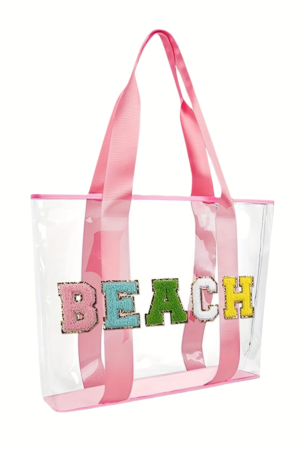 Pink BEACH Chenille Patched Large Clear PVC Shoulder Bag - loveforevers