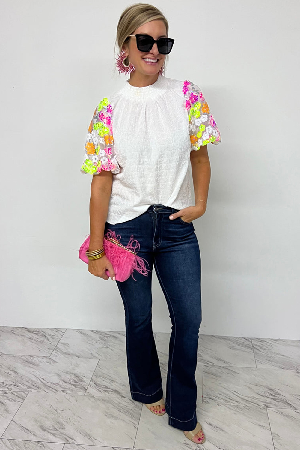 White Smocked Collar Sequin Flower Puff Sleeve Textured Top - loveforevers
