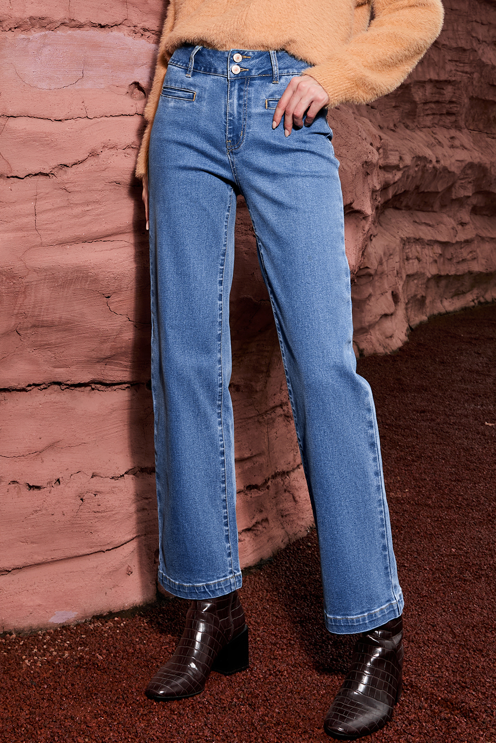 Light Blue Double Button High Rise Straight Leg Jeans - loveforevers