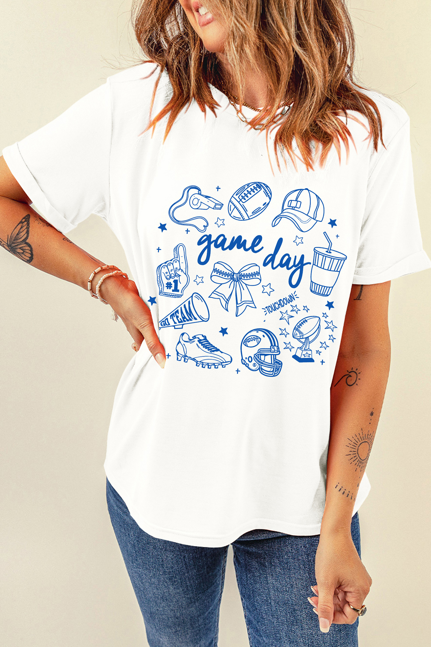 White Game Day Doodle Printed T Shirt - loveforevers