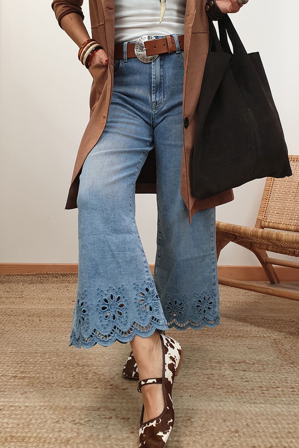 Dusk Blue Embroidered Cropped Wide Leg High Waist Jeans - loveforevers