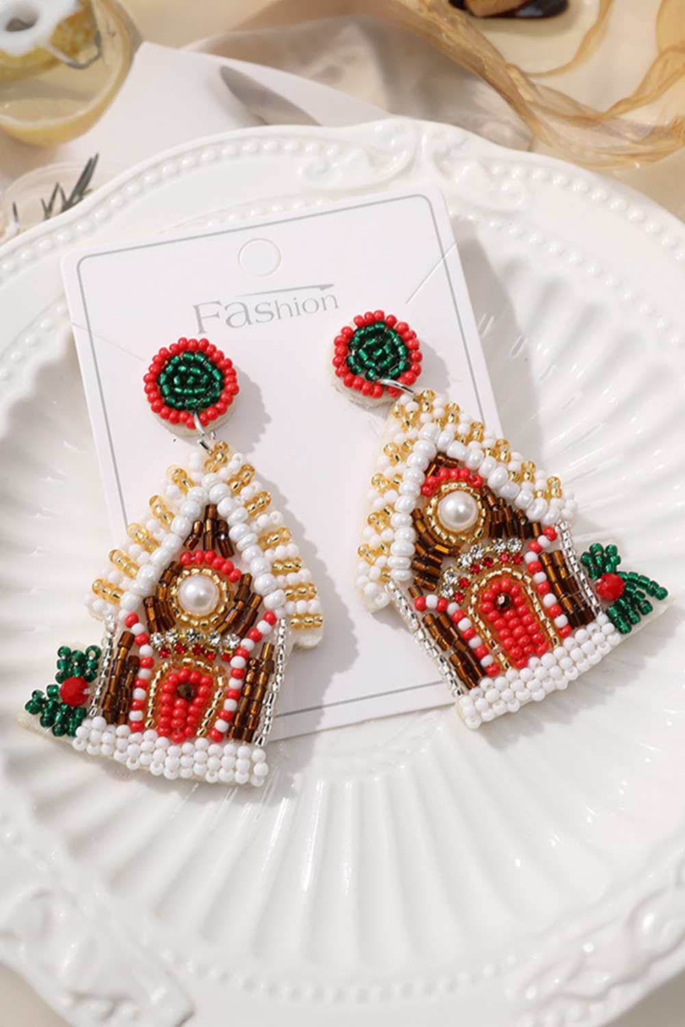 White Christmas Style House Beaded Stud Dangle Earrings - loveforevers