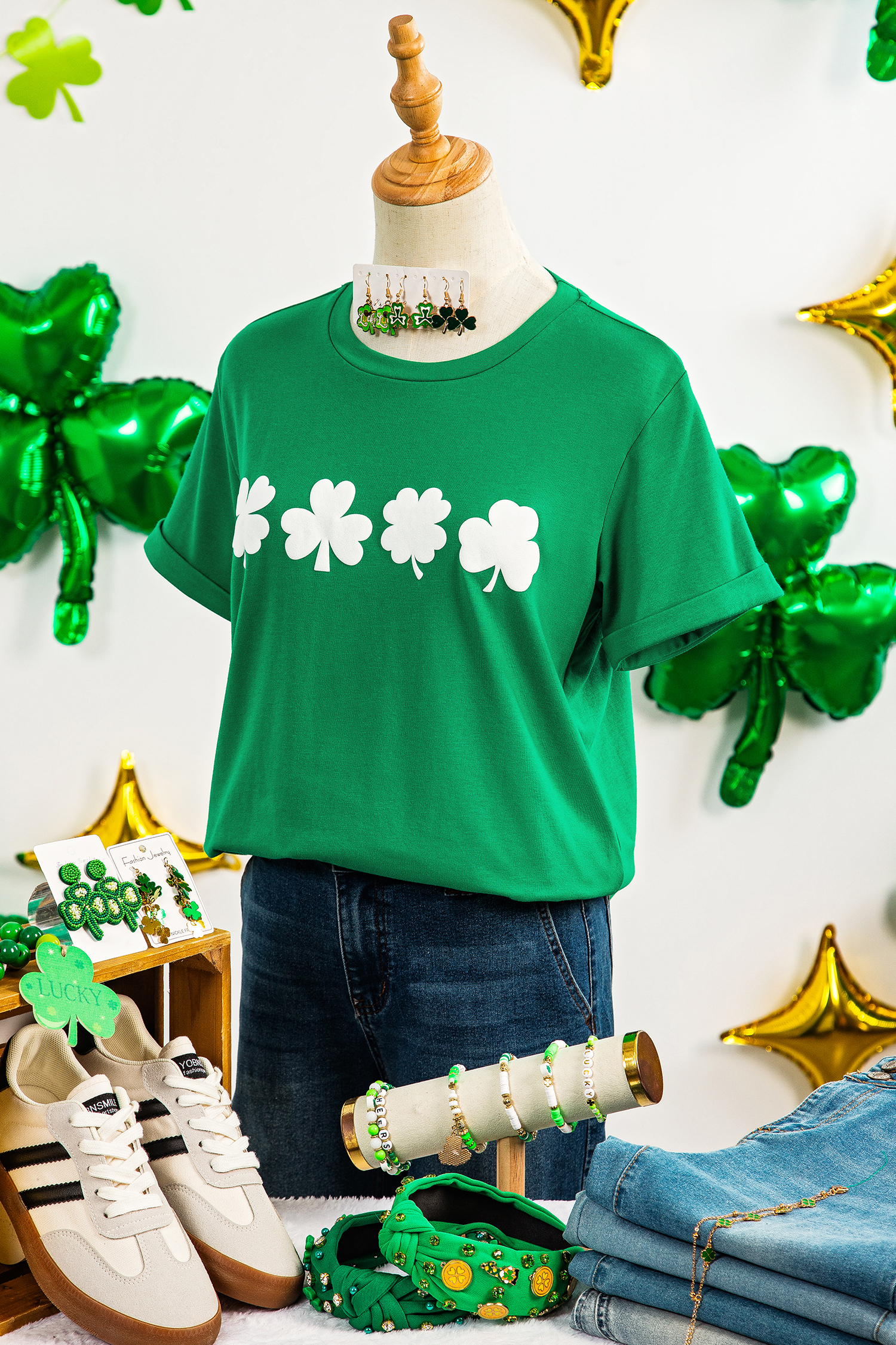 Bright Green St Patricks Day Clover Printed Casual T Shirt - loveforevers