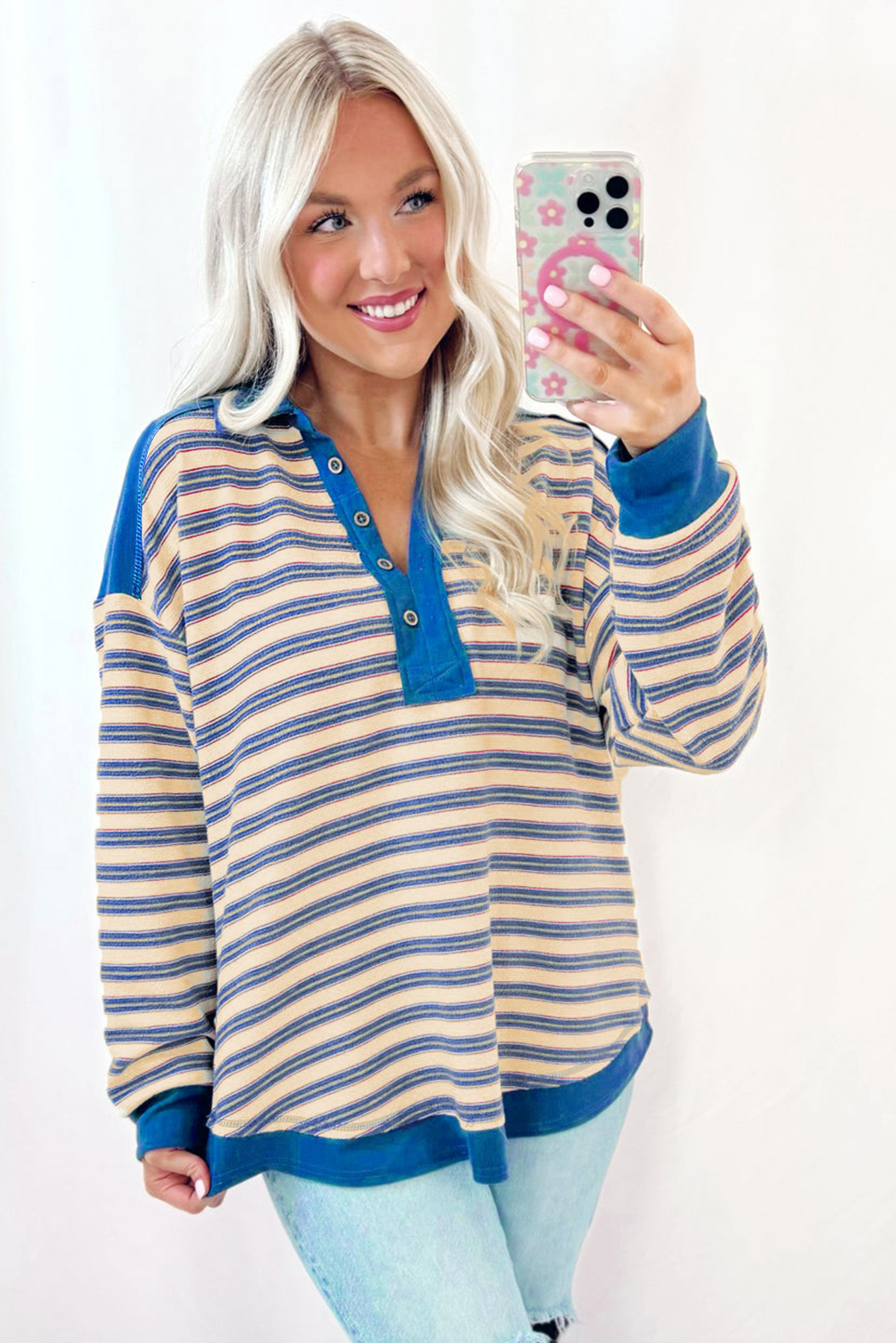 Red Stripe Buttoned V Neck Collared Drop Shoulder Top - loveforevers