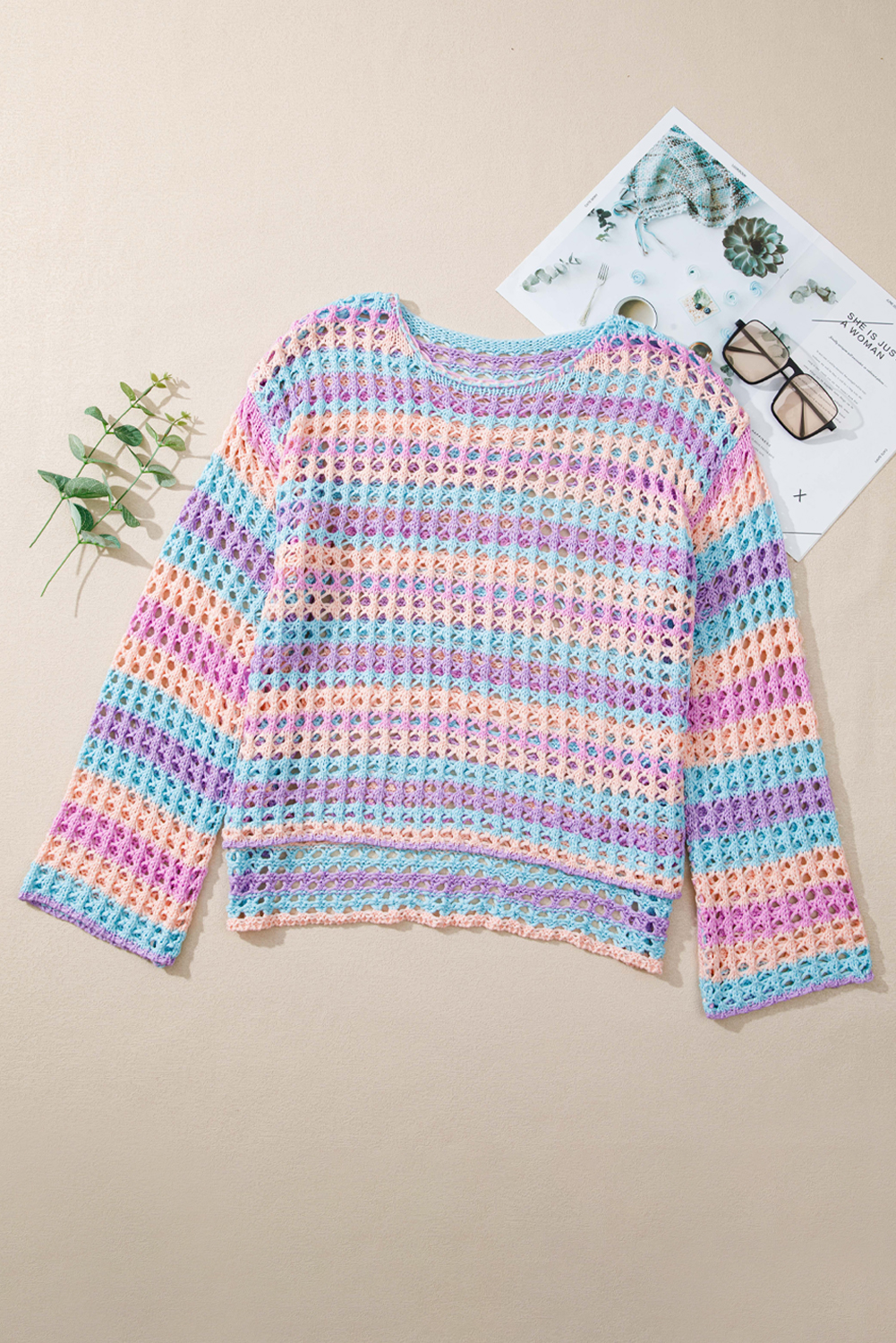 Purple Multi Stripe Open Knit Sweater Beach Cover Up - loveforevers