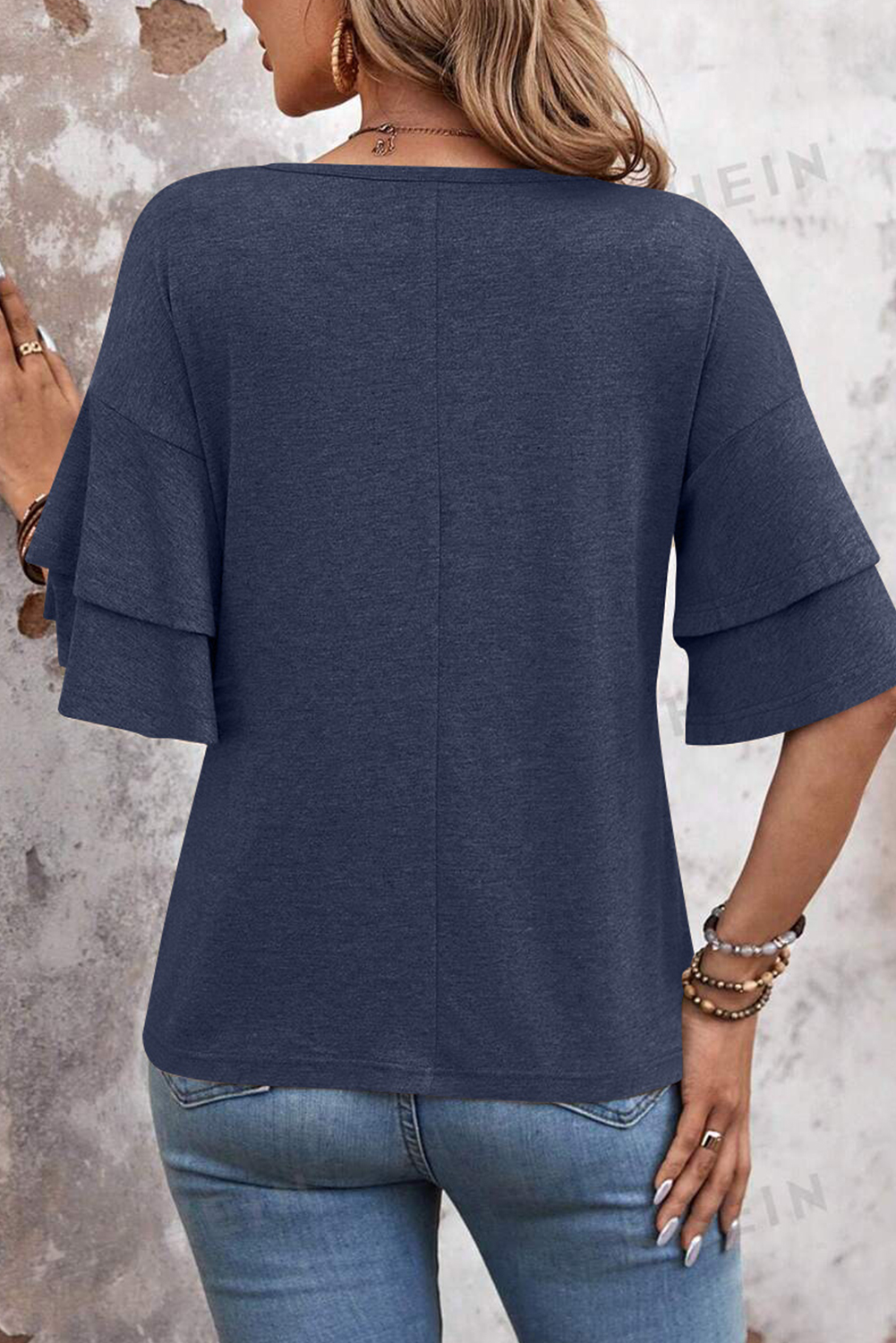 Sail Blue Solid Colour V-Neck Double Layer Sleeve Loose T-Shirt - loveforevers