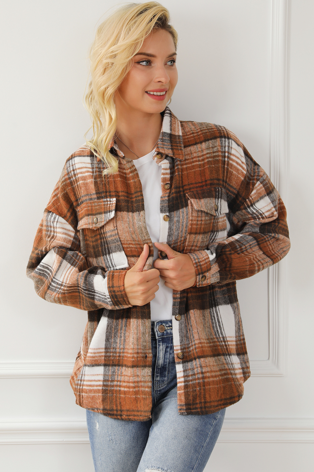 Brown Plaid Flap Pockets Shacket - loveforevers