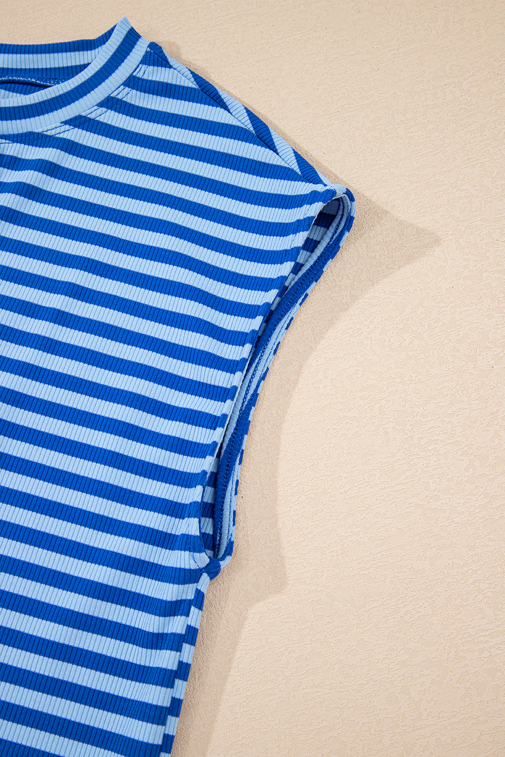 Sky Blue Stripe Ribbed Cap Sleeve Round Neck T Shirt - loveforevers