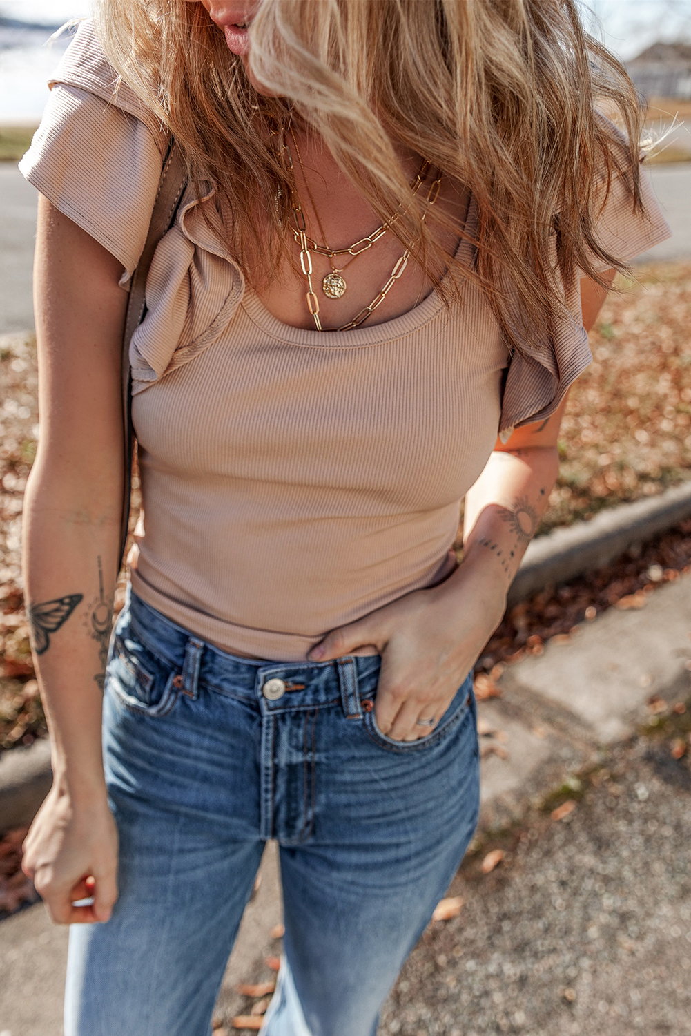 Smoke Gray Ribbed Knit Ruffled Shoulder Slim Fit Tank Top - loveforevers