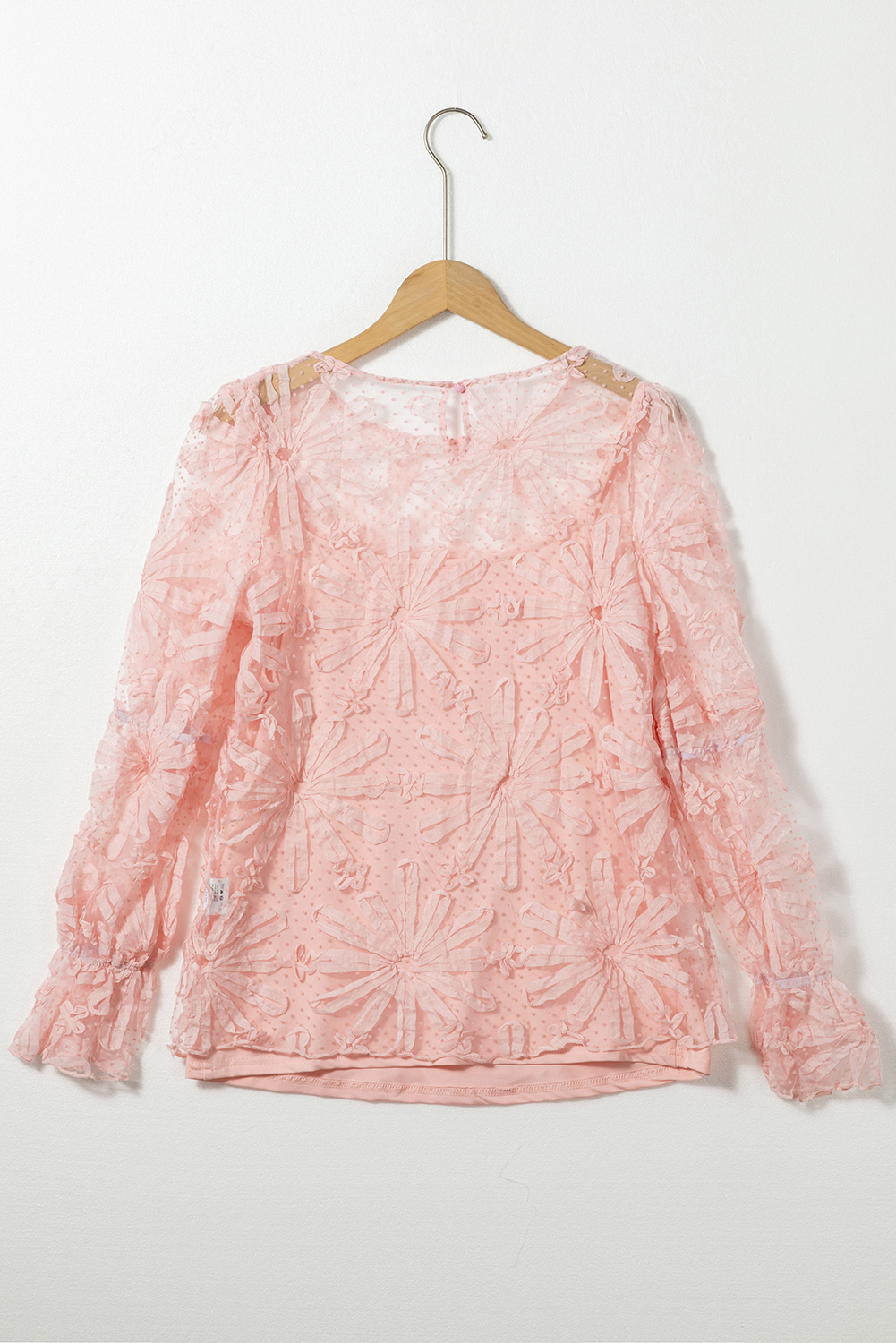 Pink Flower Dotted Ruffled Sleeve Mesh Top - loveforevers