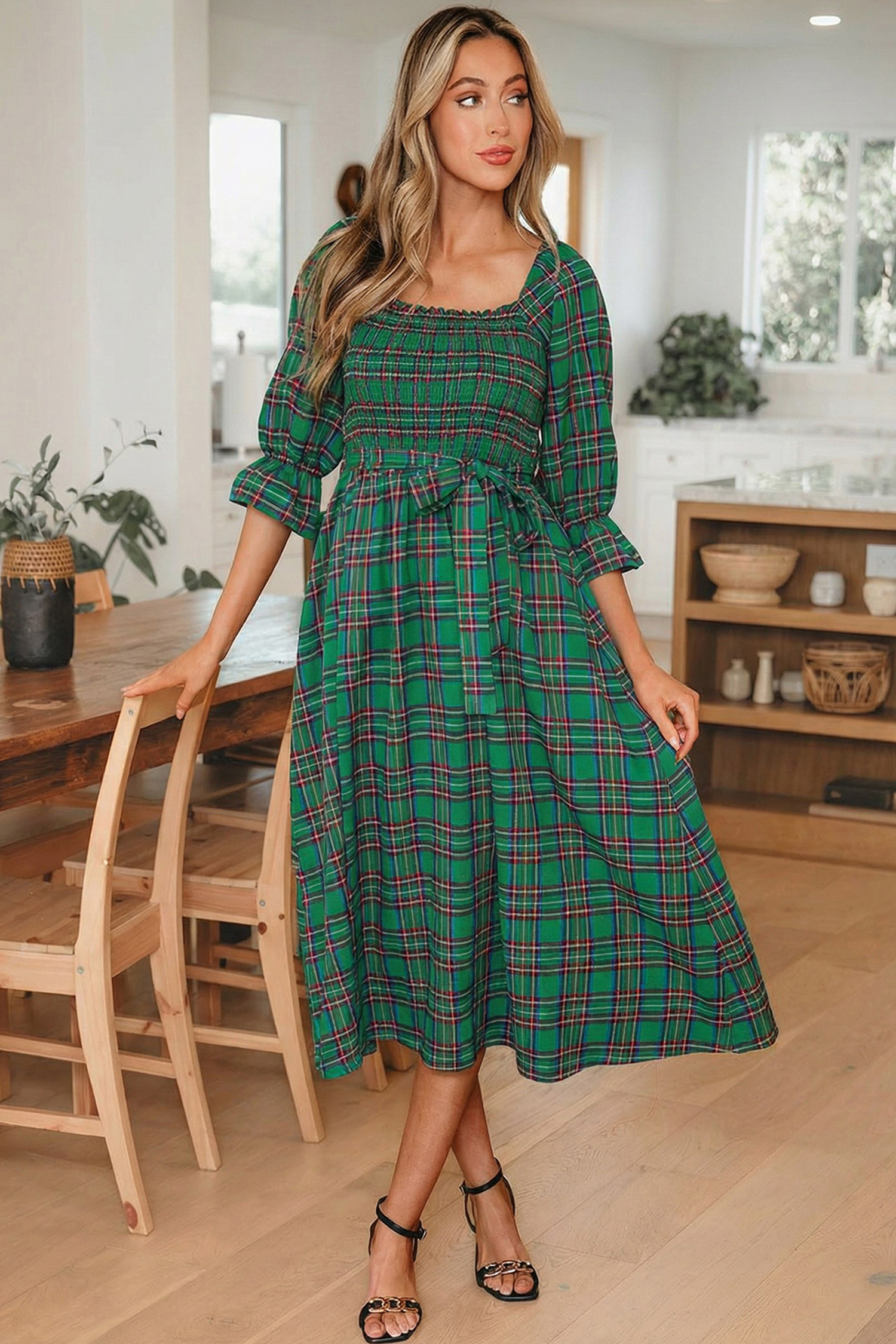 Red Tartan Plaid Square Neck Puff Sleeve Knot Waist Flared Midi Dress - loveforevers