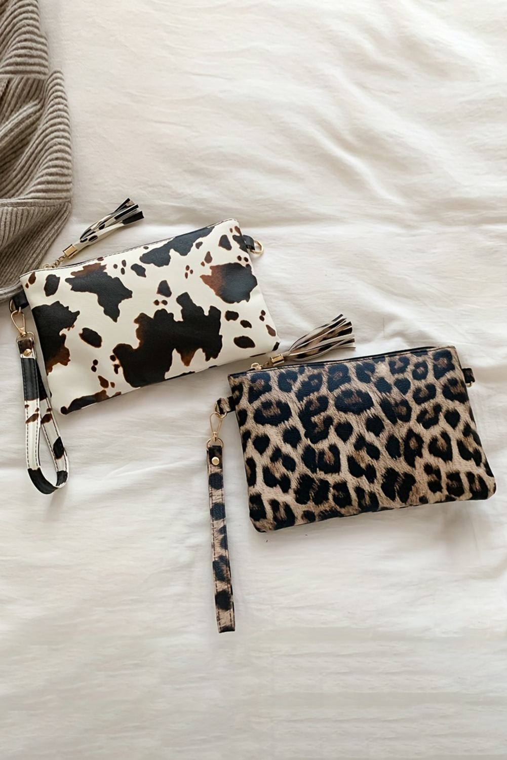 Chestnut Leopard/Cow Print Wrist Strap Zipped Wallet - loveforevers