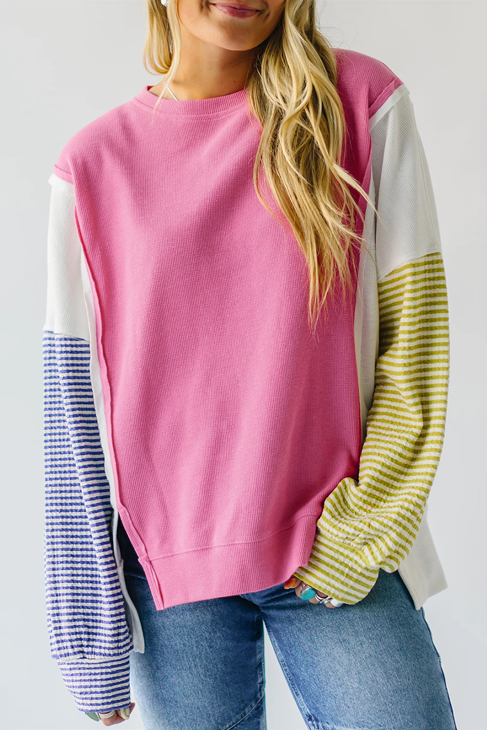 Sachet Pink Exposed Seam Striped Color Block Patchwork Long Sleeve Top - loveforevers