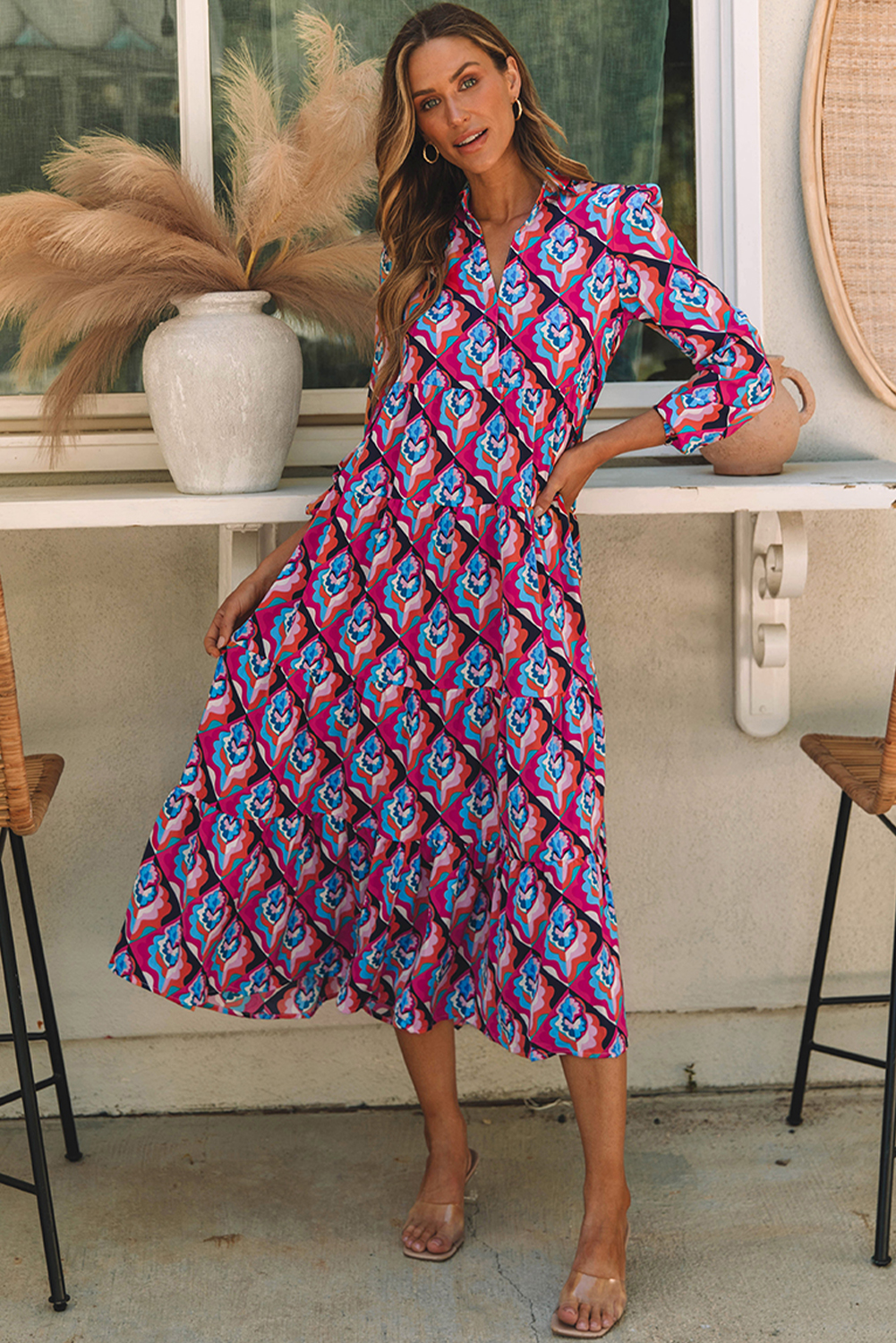 Abstract Geometric Print Long Sleeve High Waist Dress - loveforevers