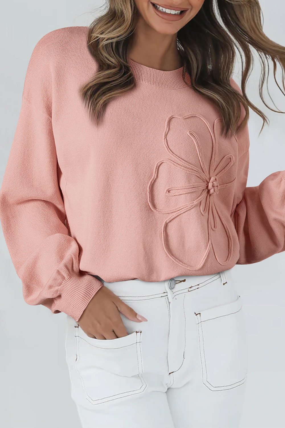 Peach Blossom Big Flower Accent Bubble Sleeve Drop Shoulder Sweater - loveforevers