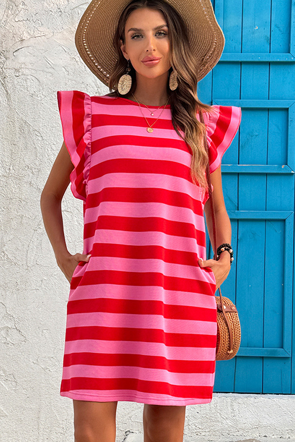 Green Stripe Flutter Sleeve Round Neck Shift Dress - loveforevers